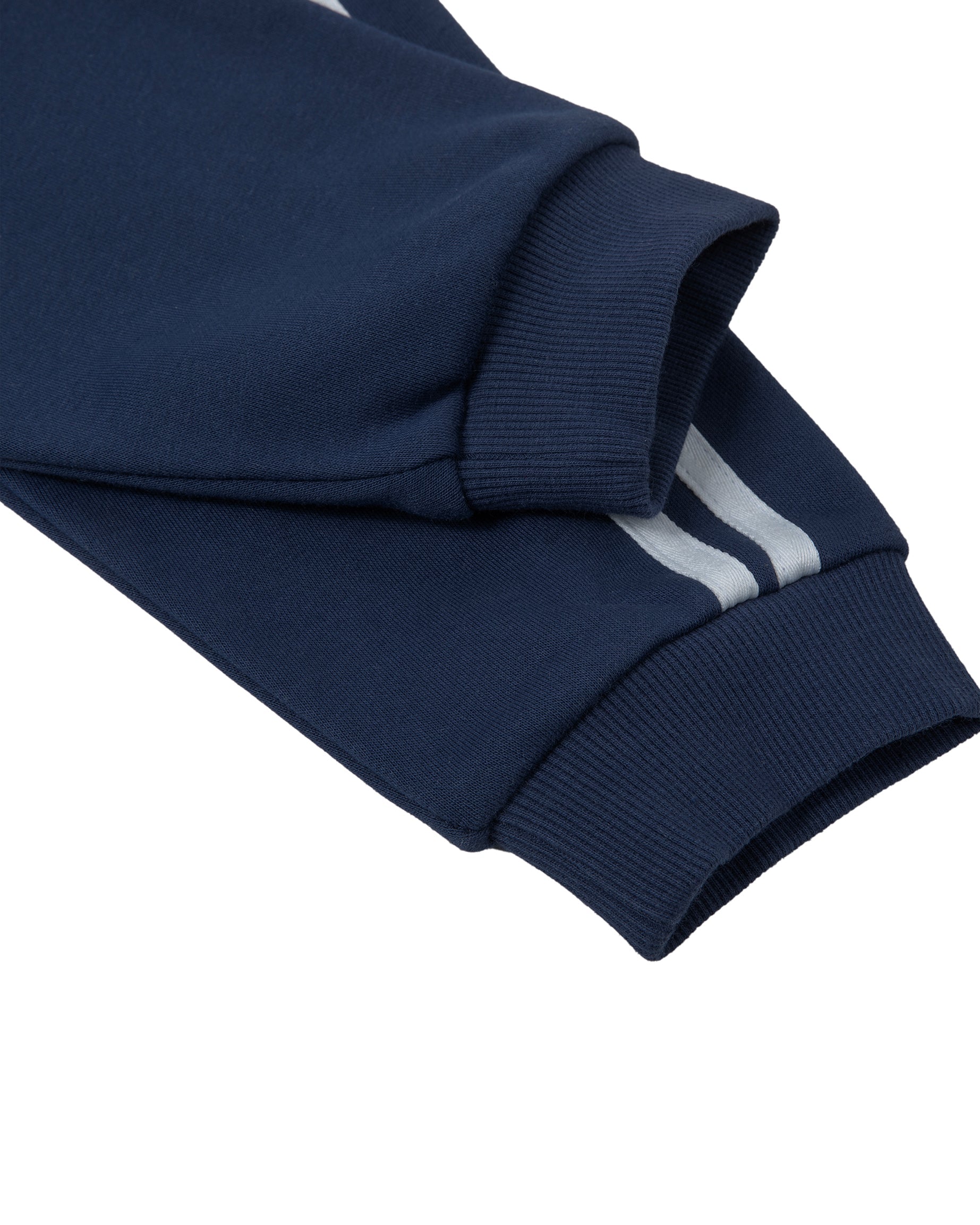 Navy blue sweatshirt with white stripes on a white background