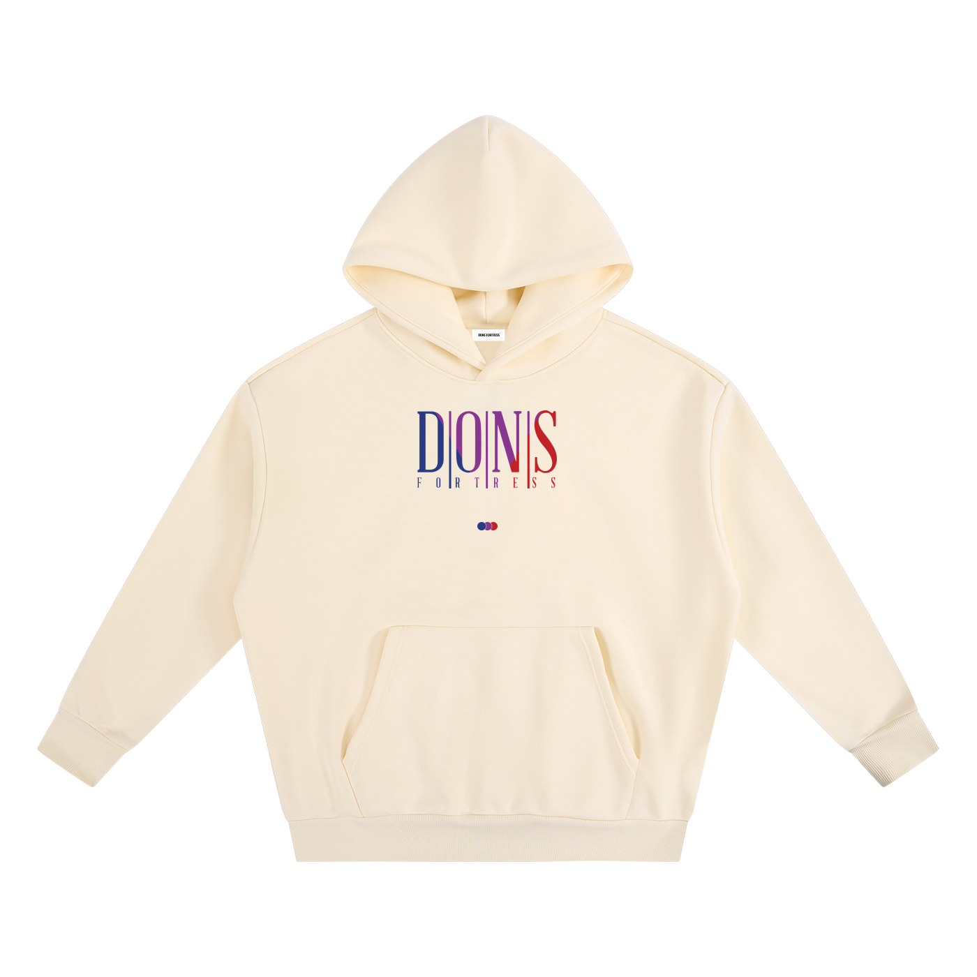 Beige hoodie with colourful text on a white background
