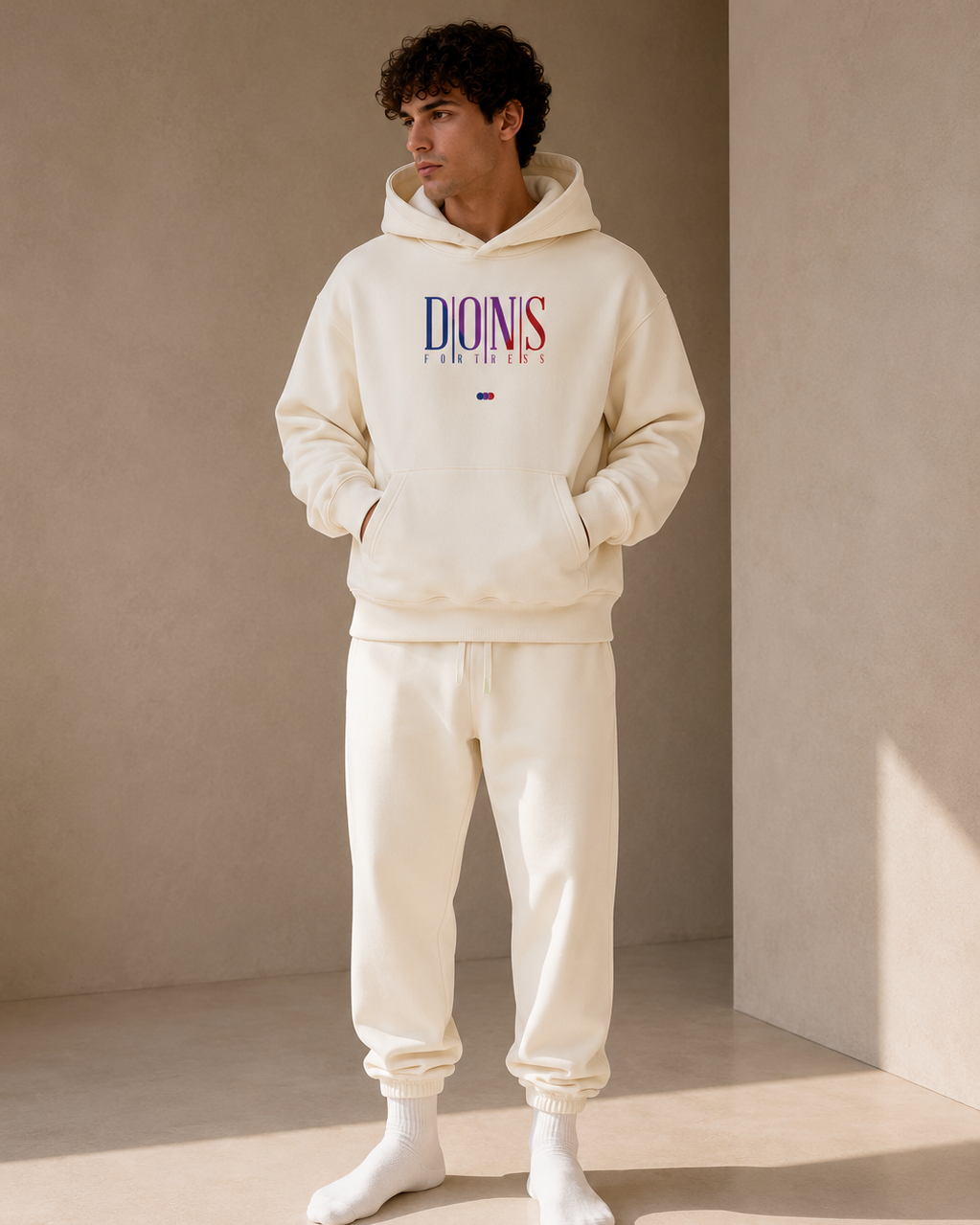 Person wearing a cream-colored hoodie and pants with branding in a minimalistic setting.