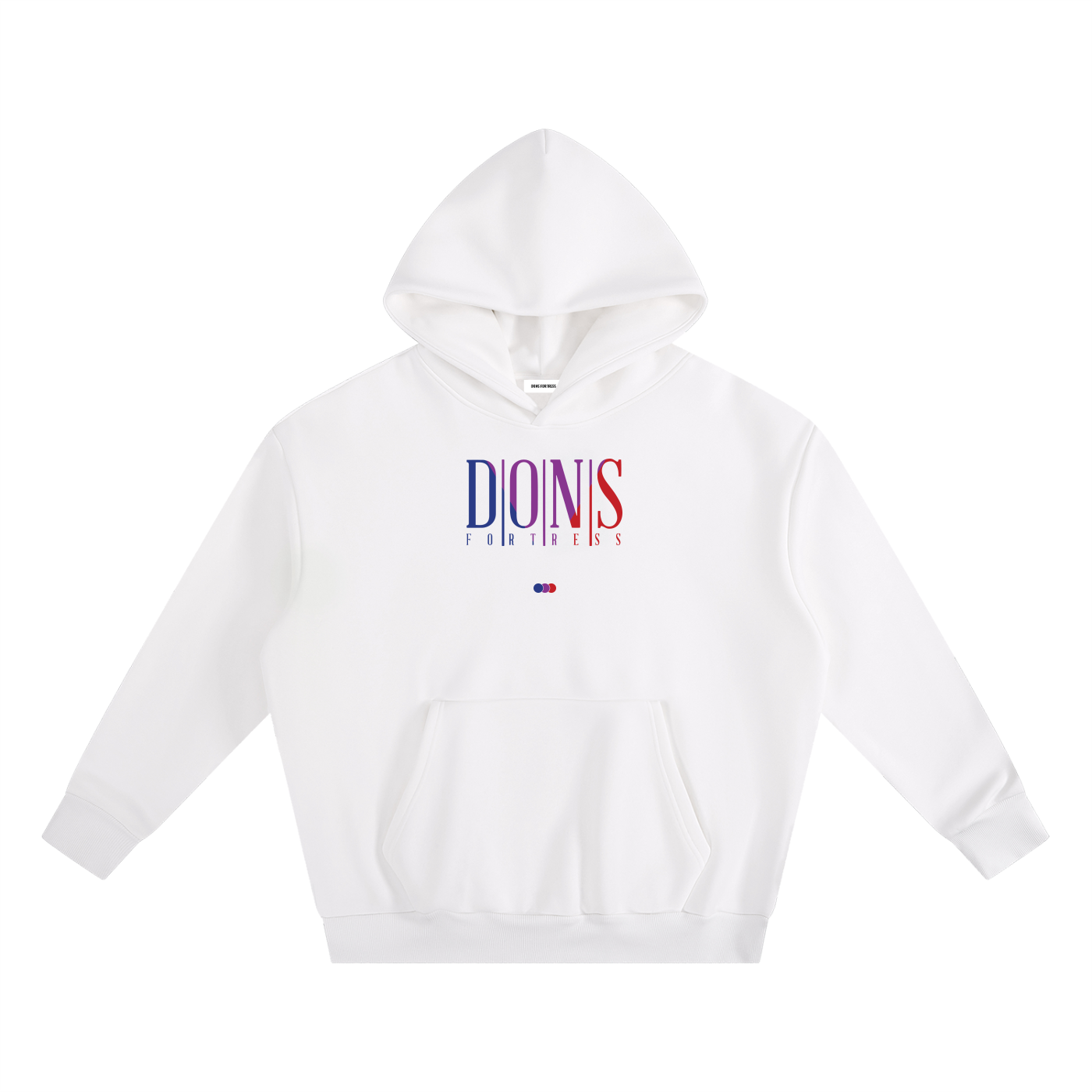 White hoodie with colorful text on a white background