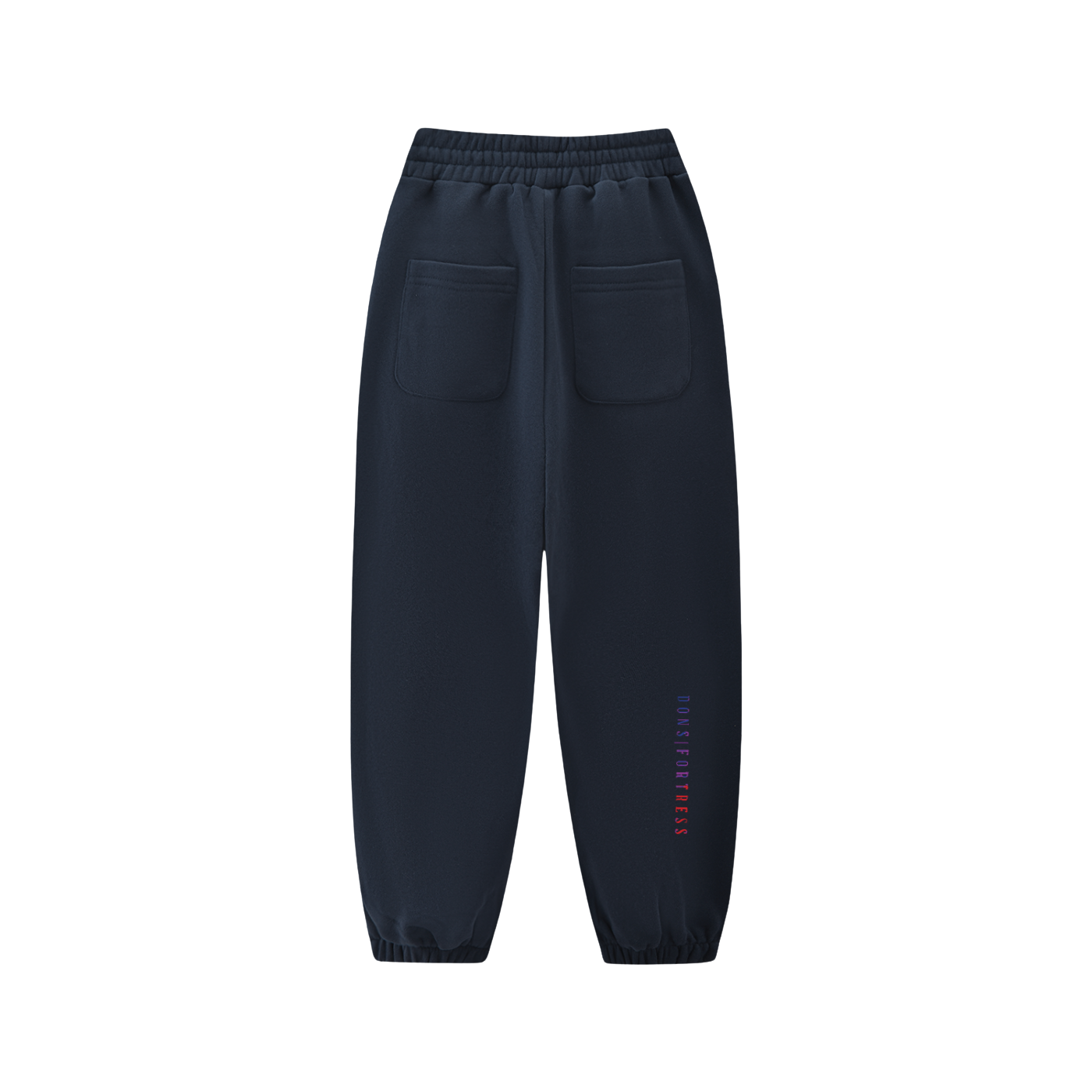 Navy blue jogger pants with a small logo on a white background