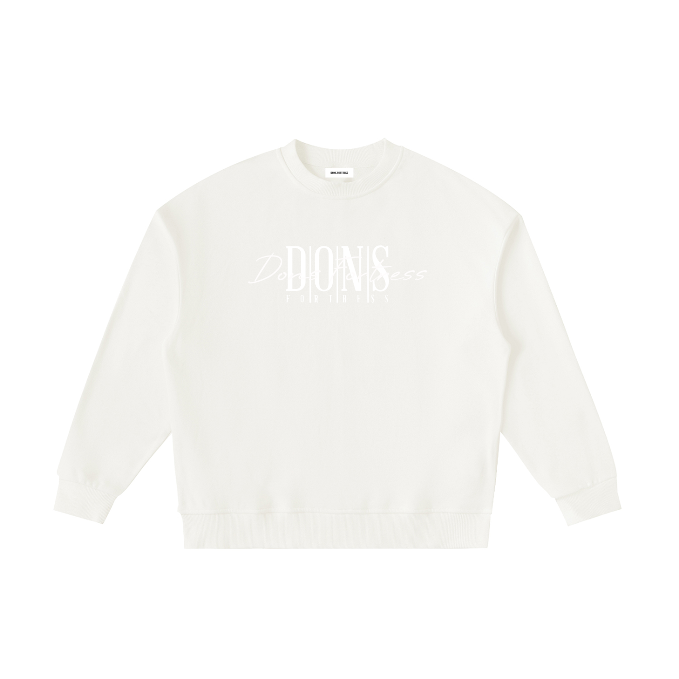 White sweatshirt with text on a white background