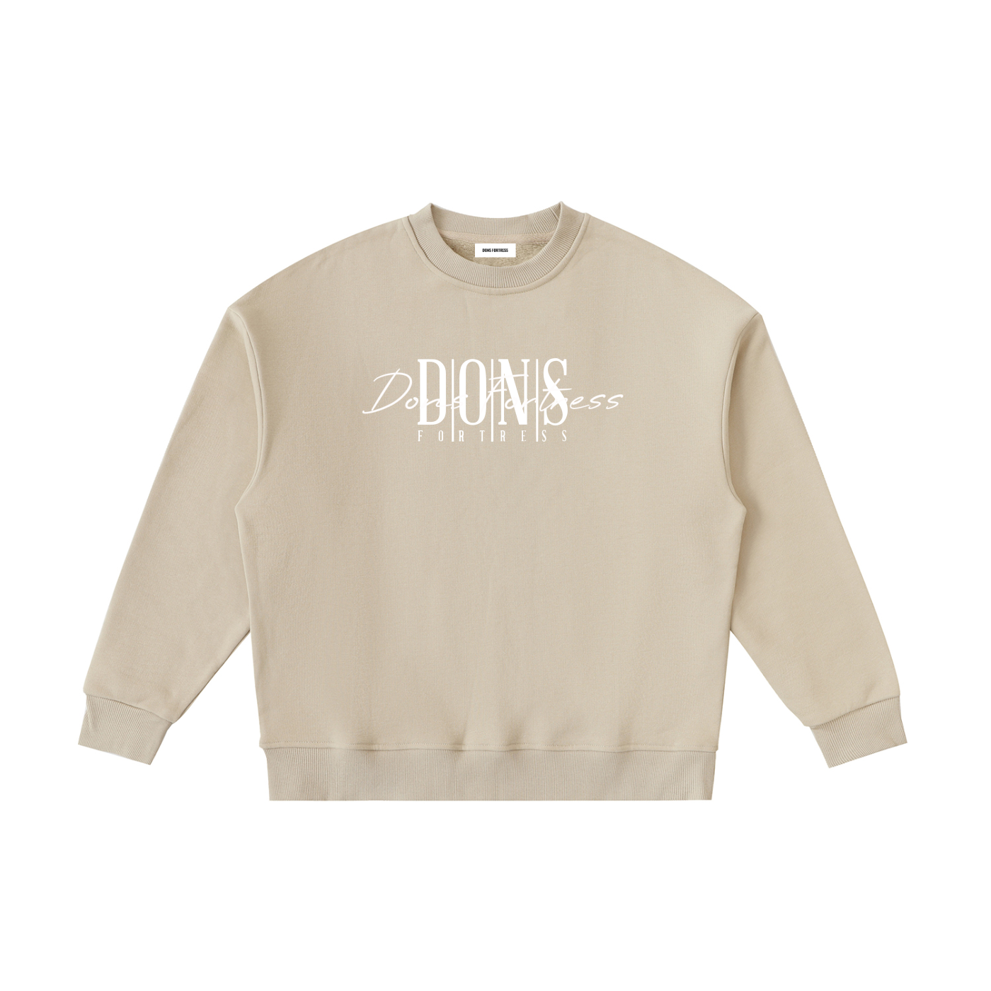 Beige sweatshirt with text on a white background