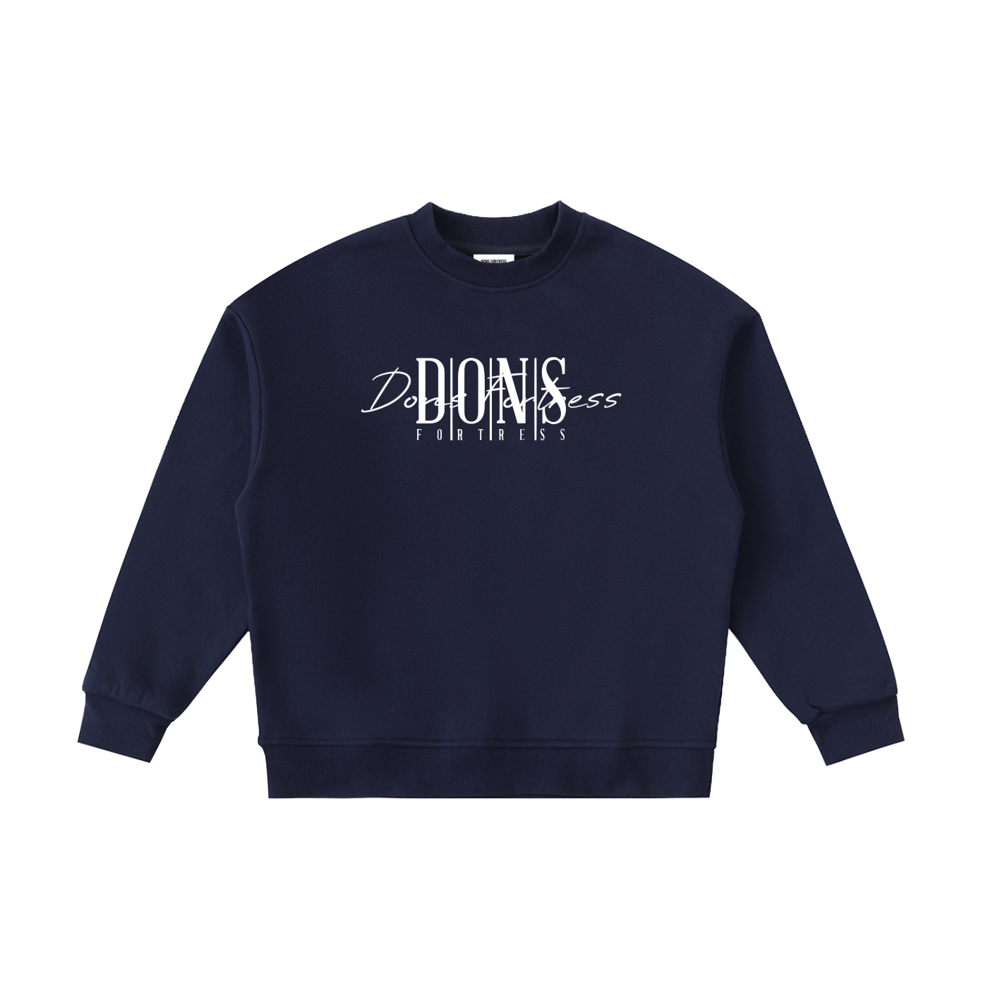 Navy blue sweatshirt with white text on a white background
