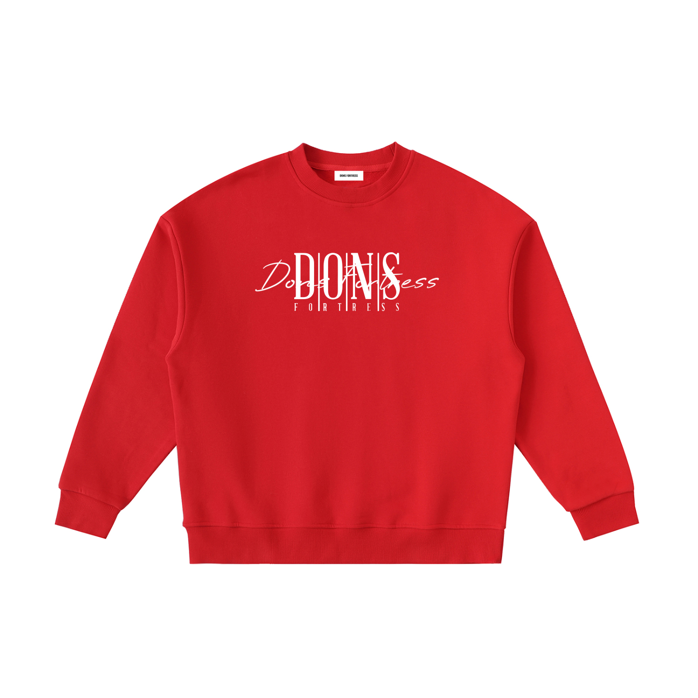 Red sweatshirt with white text on a white background