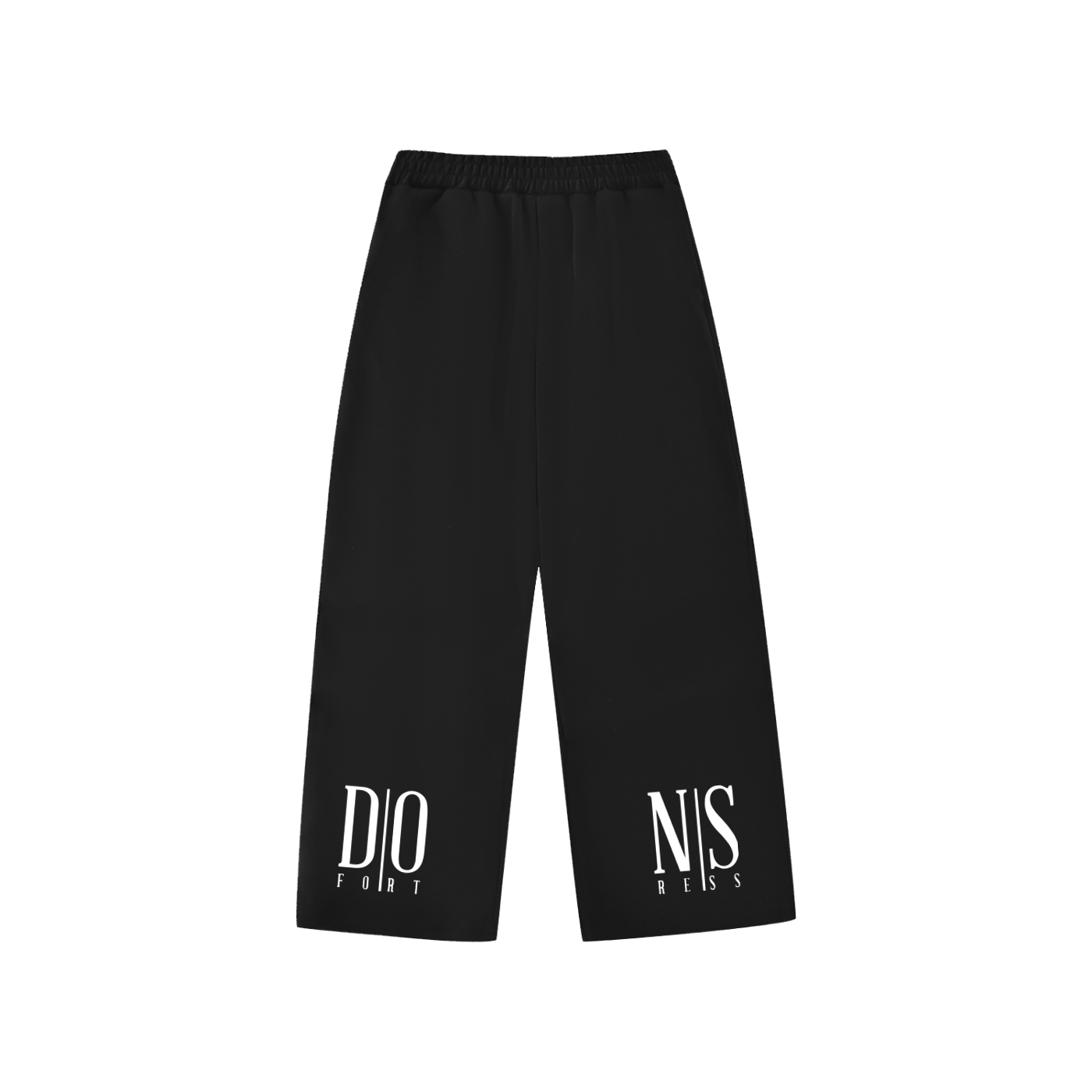 Black pants with white text on a white background