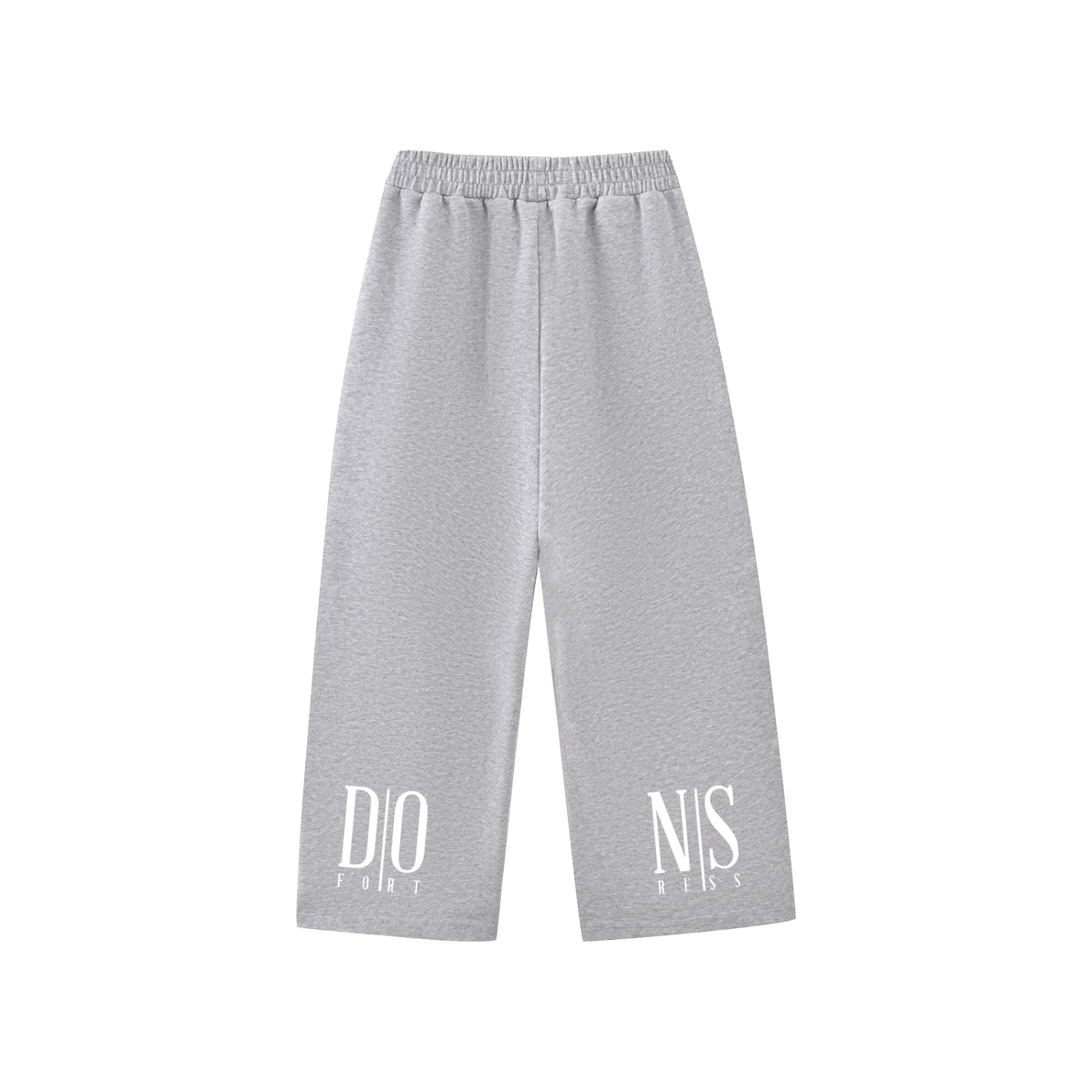 Gray sweatpants with white text on a white background