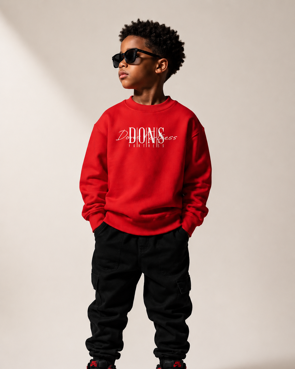 Child wearing a red sweatshirt with text, black pants, and red sneakers on a plain background
