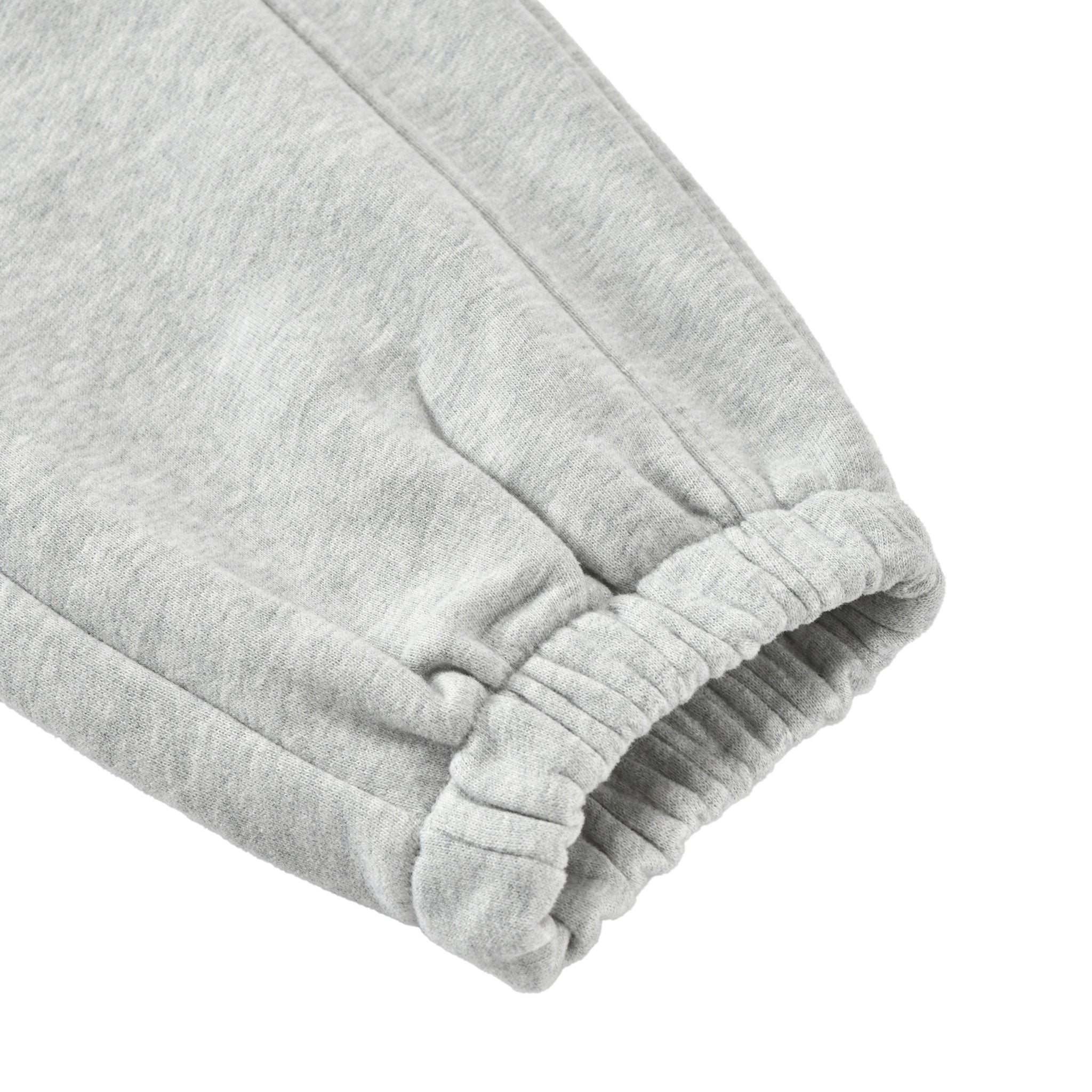 Close-up of gray sweatpants with a white background