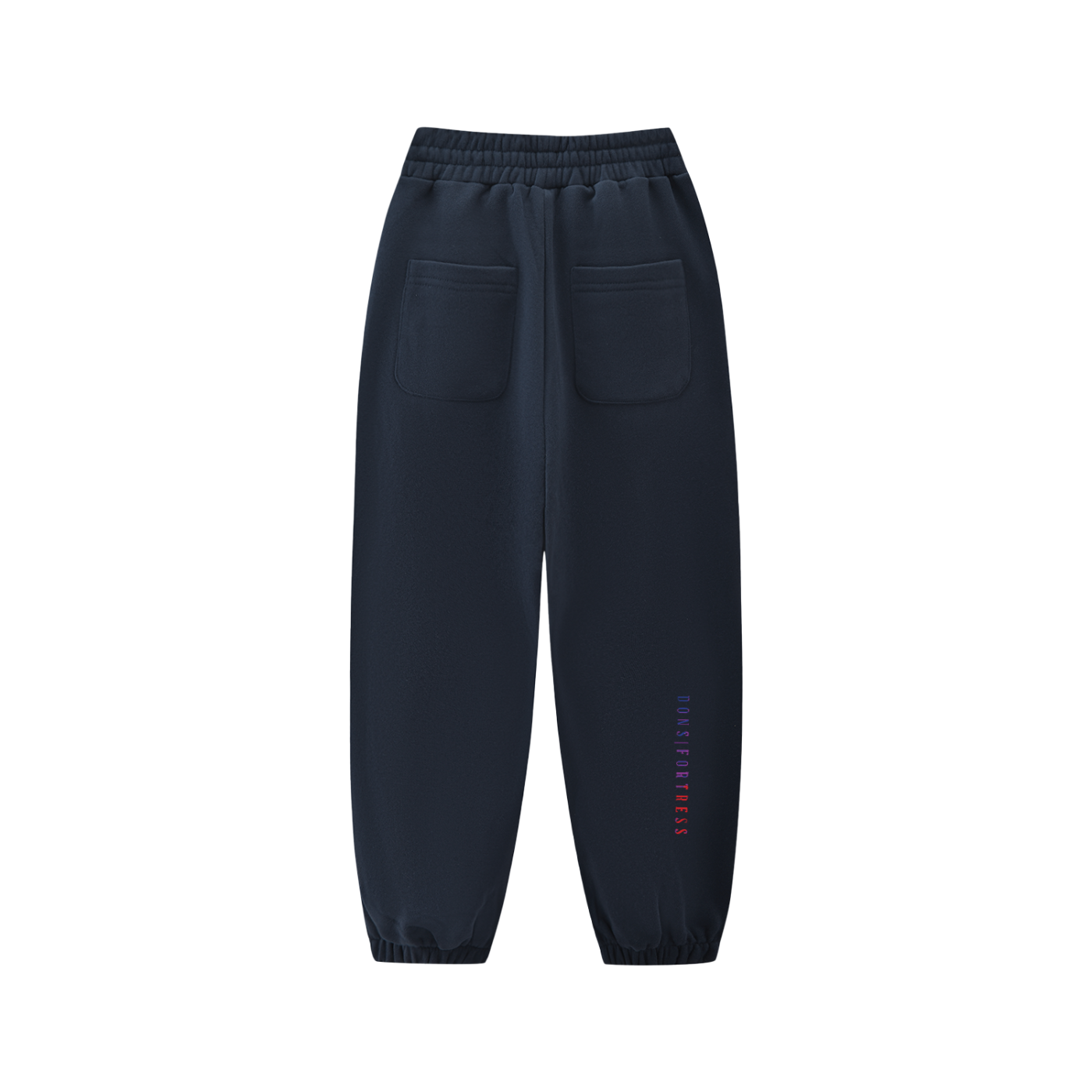 Navy blue jogger pants with a small colorful patch on a white background