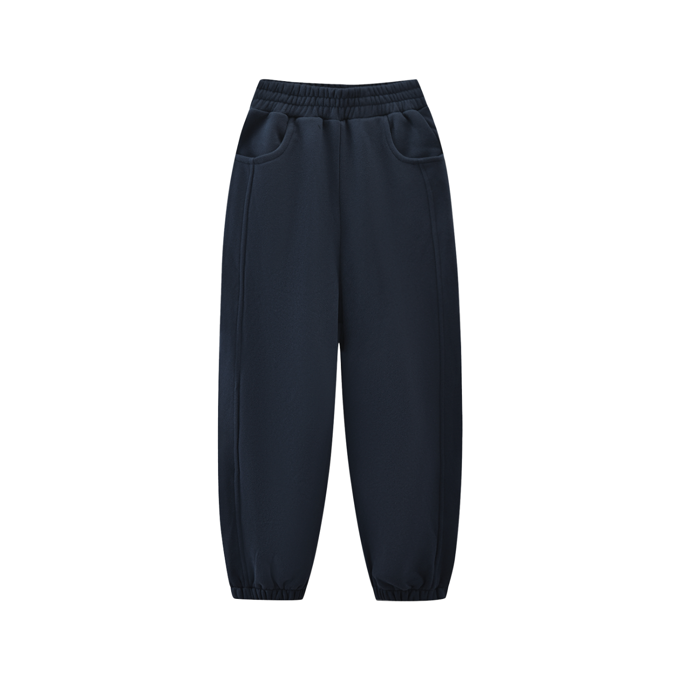 Navy blue jogger pants on a white background