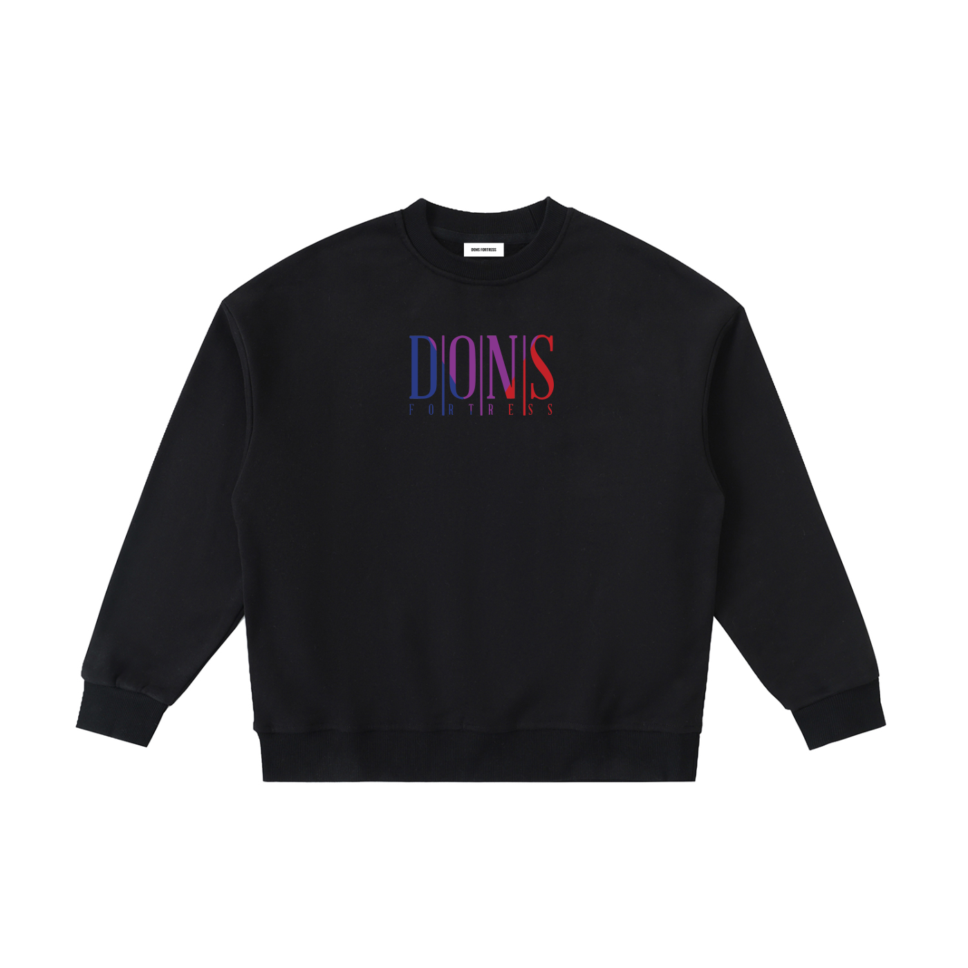 Black sweatshirt with colourful text on a white background