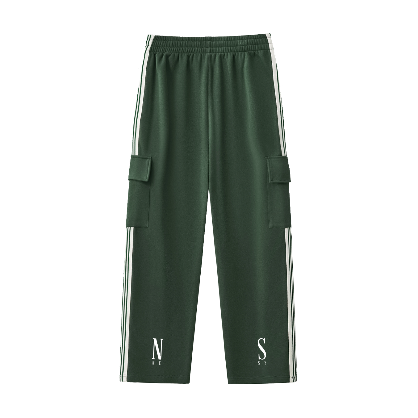 Green pants with white stripes and logos on a white background