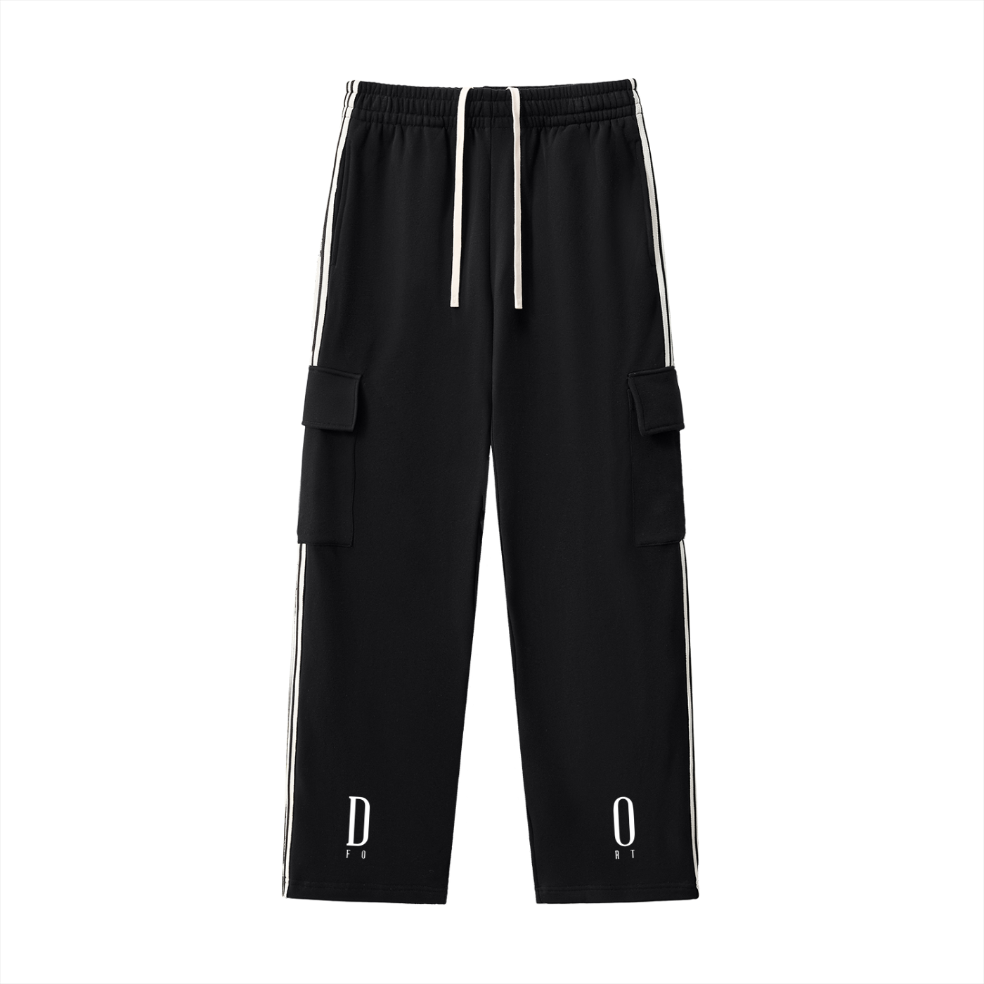 Black cargo pants with white stripes and logos on a white background