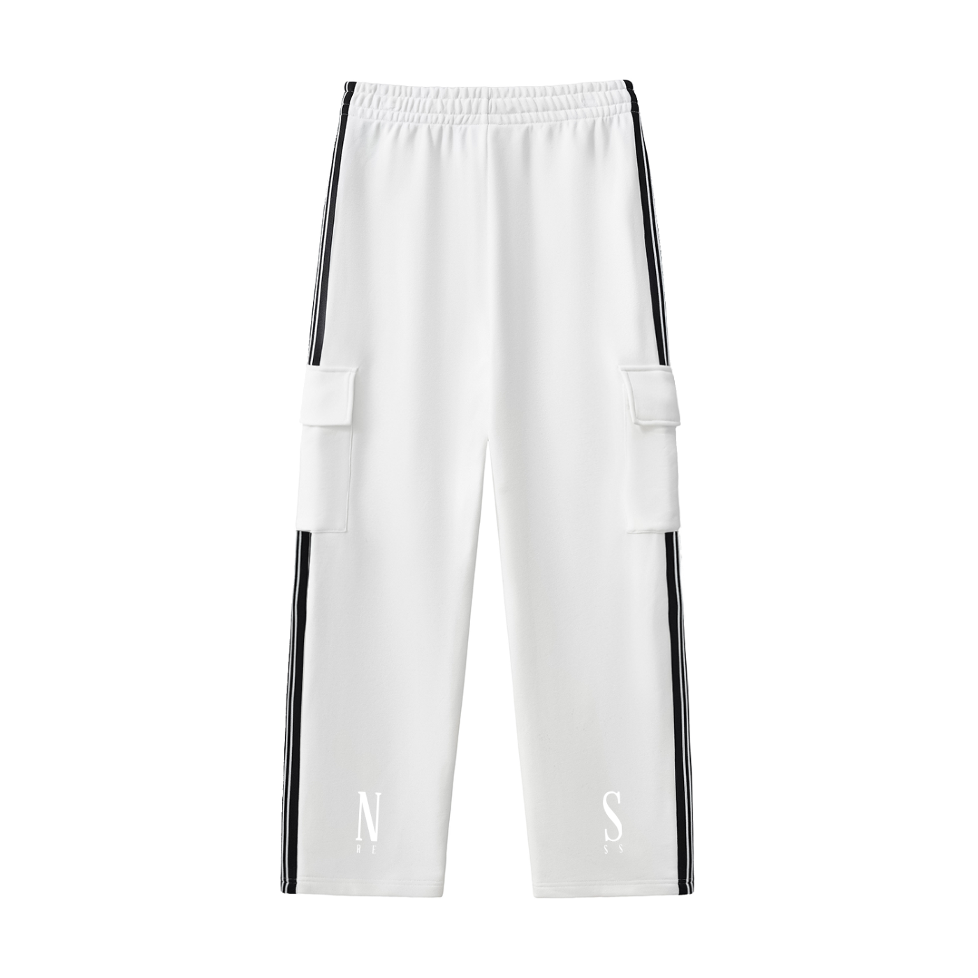White pants with black stripes and logos on a white background