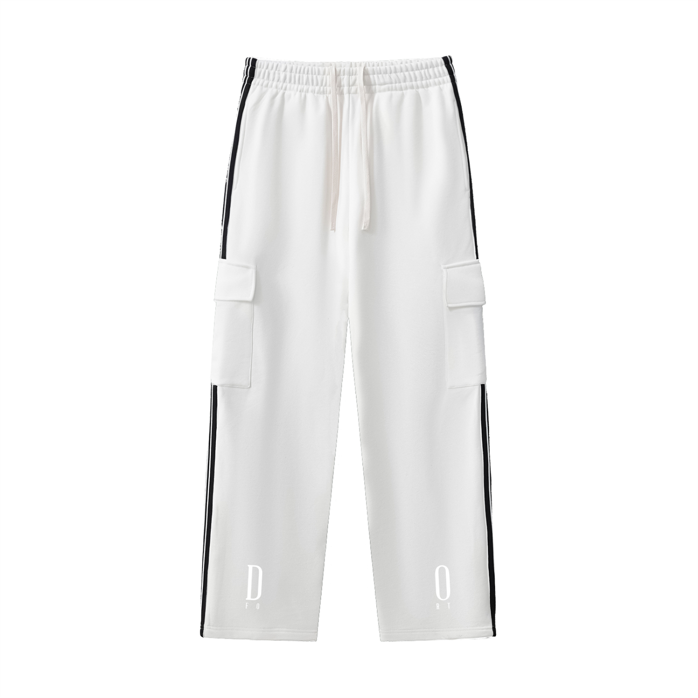 White pants with black stripes and brand logos on a white background