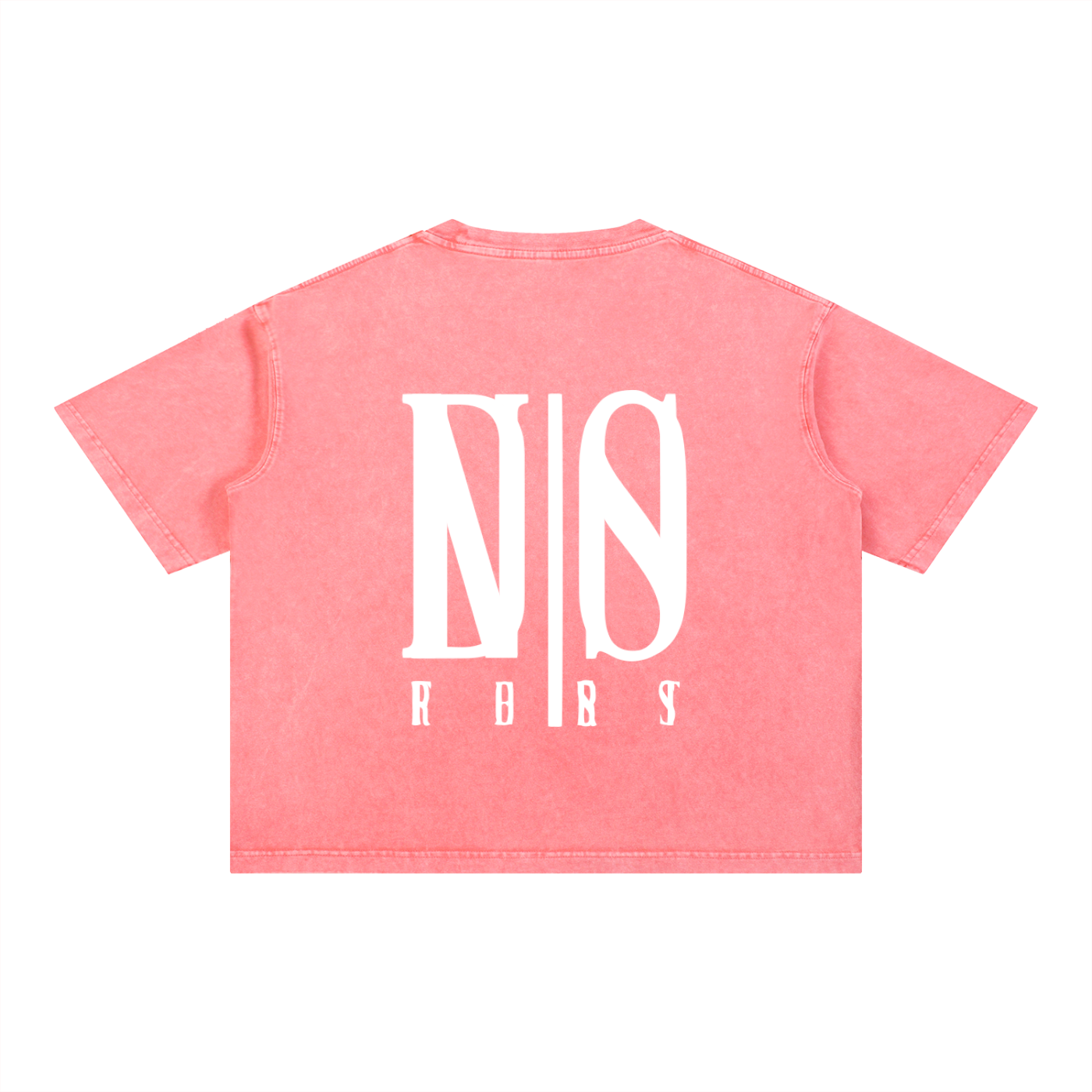 Pink t-shirt with white logo on a white background