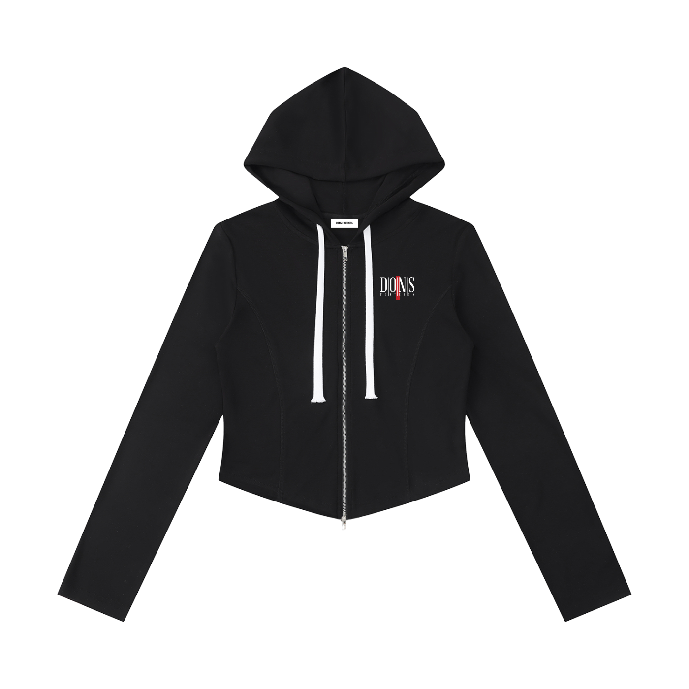 Black hoodie with a brand logo on a white background