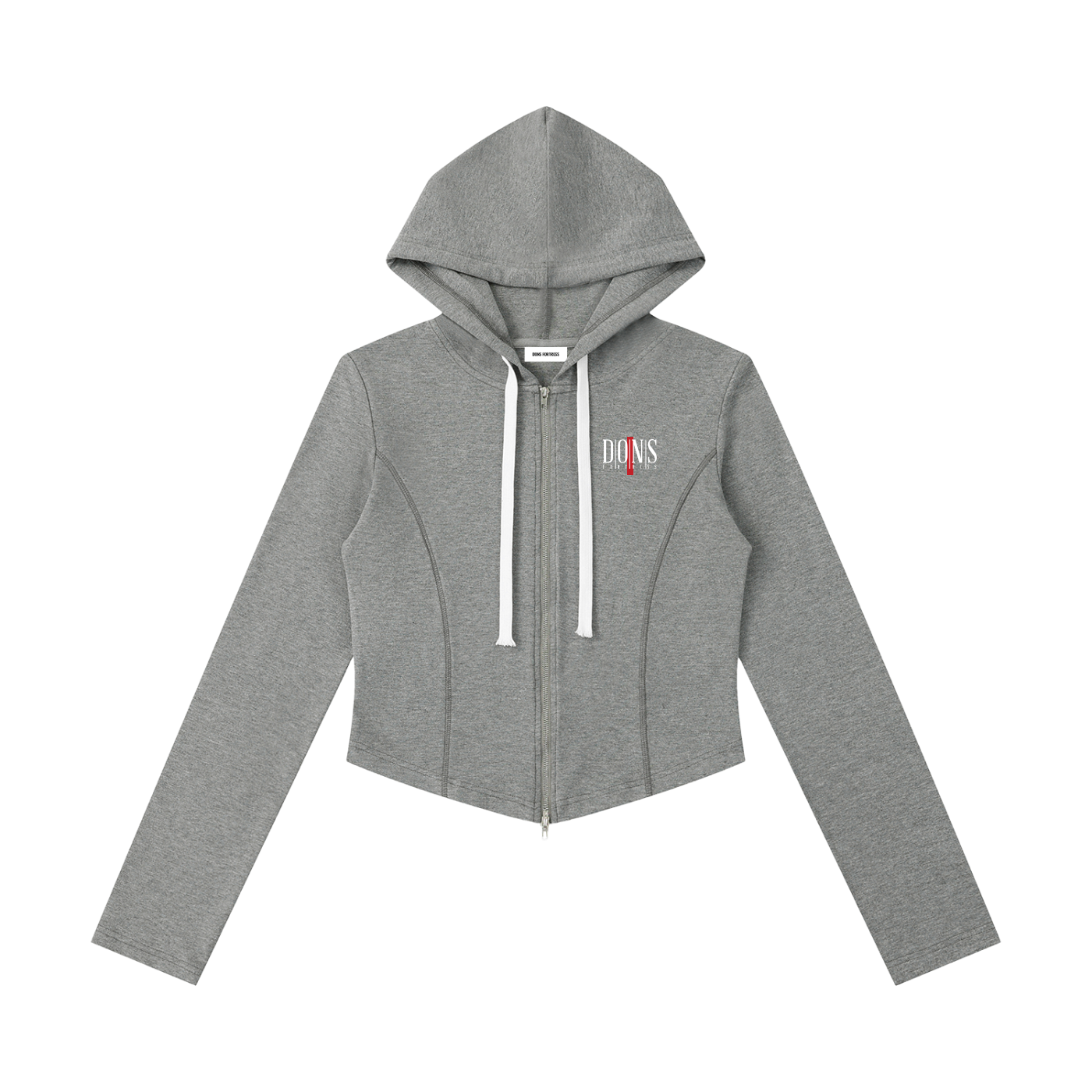Gray semi-cropped hoodie with a brand logo on a white background