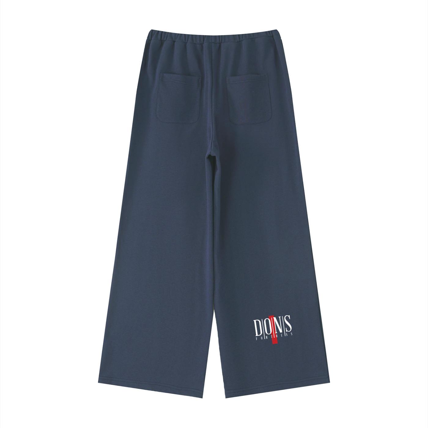 Navy blue pants with a brand logo on a white background