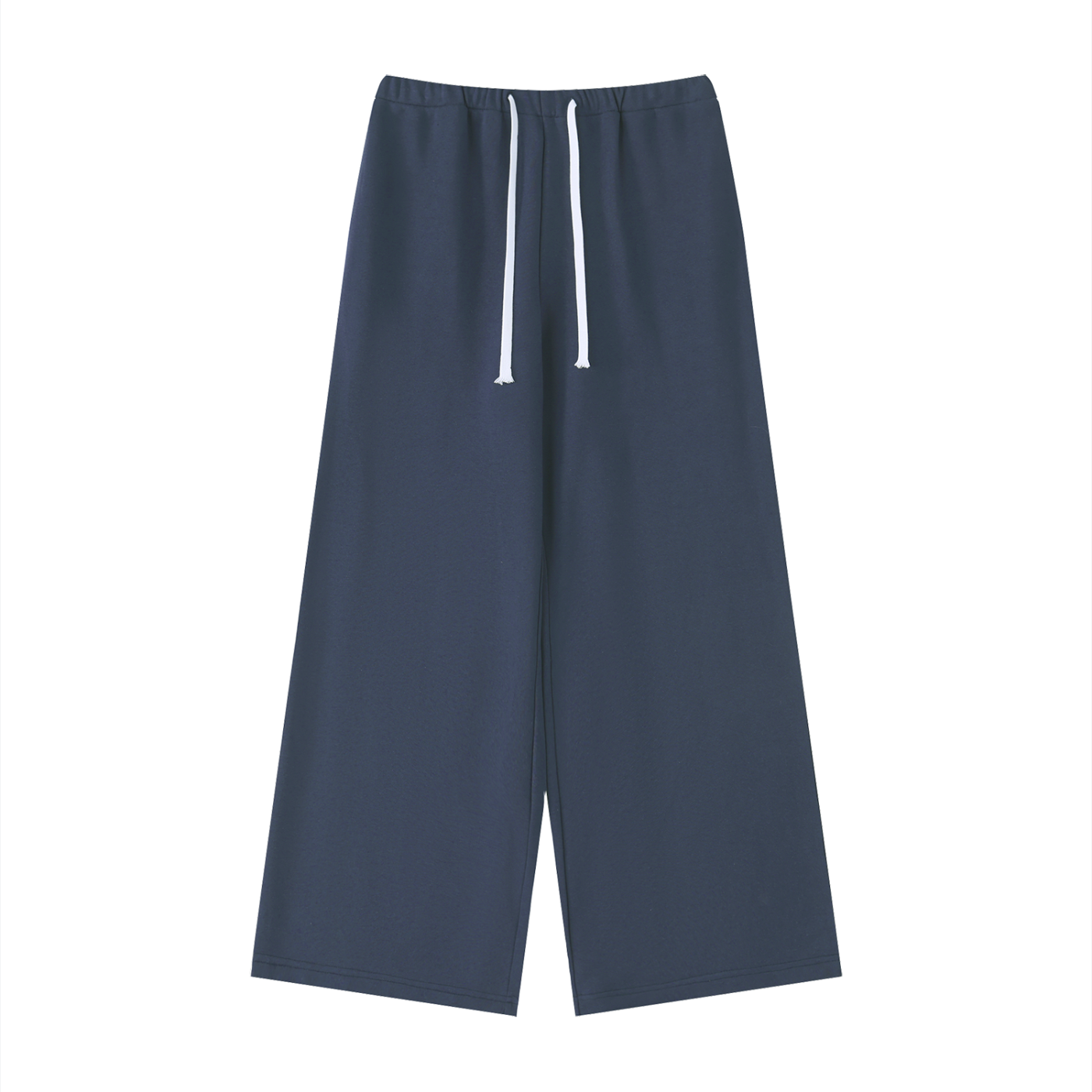 Navy blue wide-leg pants with a white drawstring on a white background