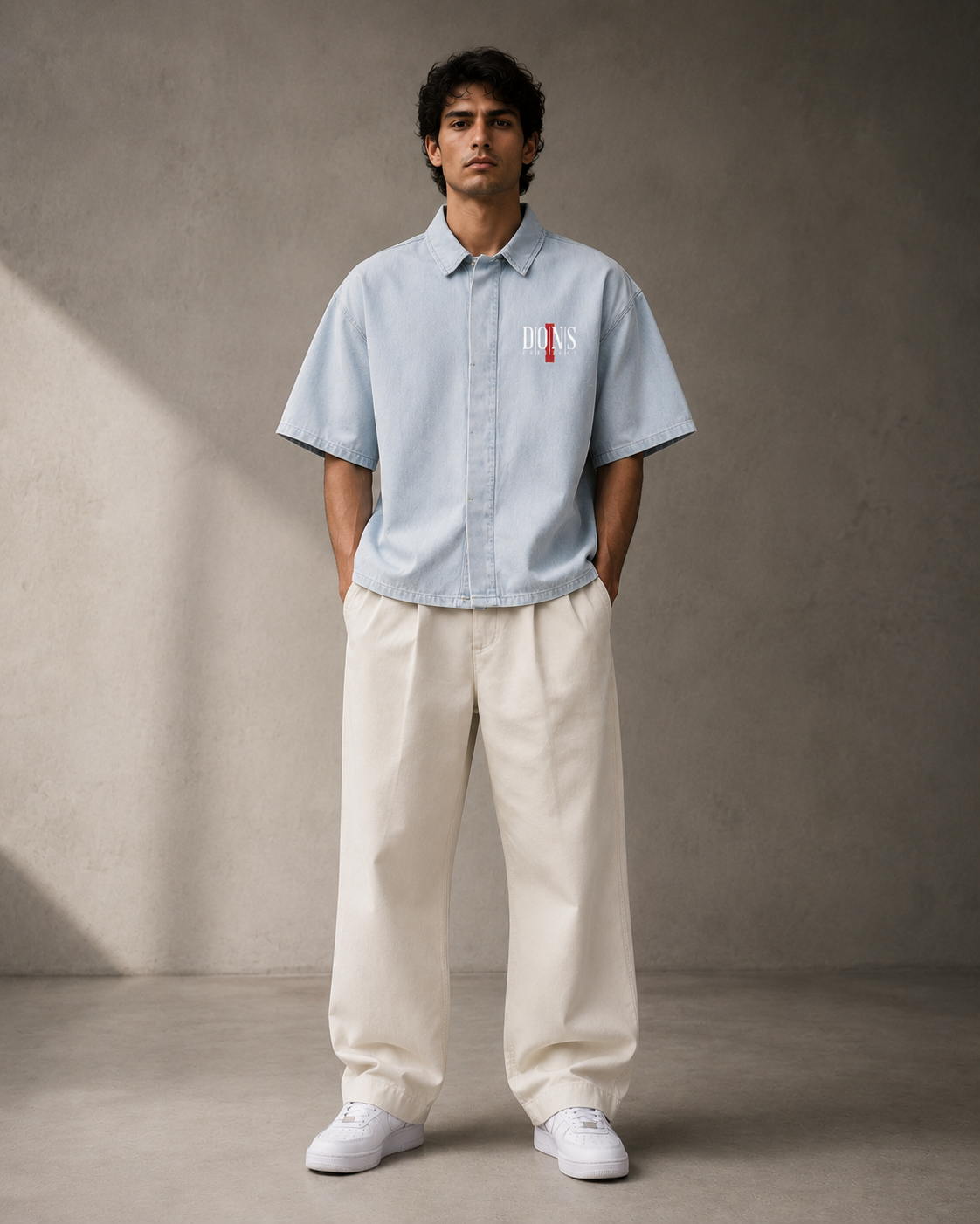 Man wearing a light blue shirt with a logo and white pants against a gray background