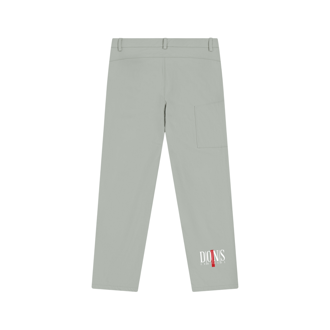 Light gray pants with a brand logo on a white background