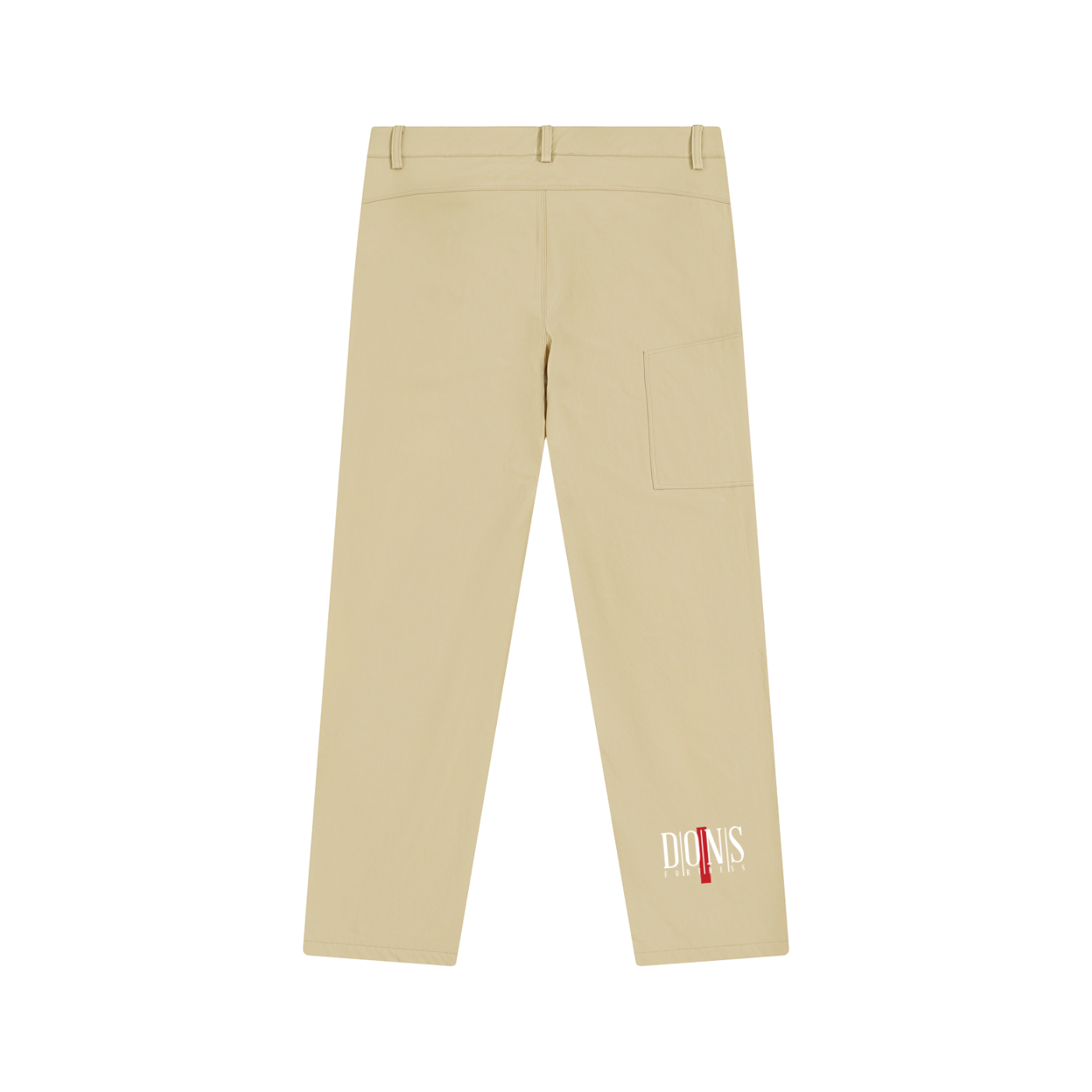 Beige pants with a visible brand logo on a white background