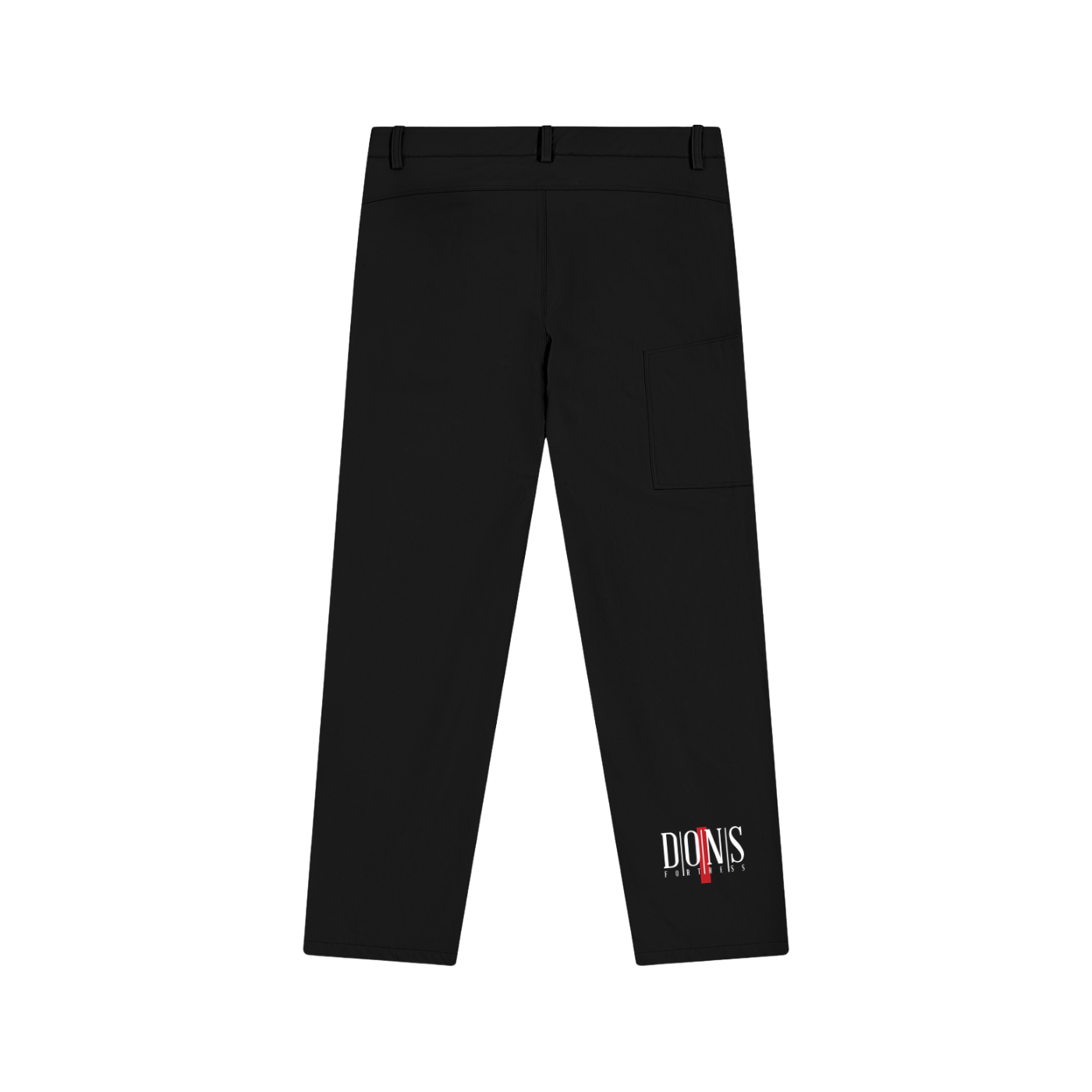 Black pants with a brand logo on a white background