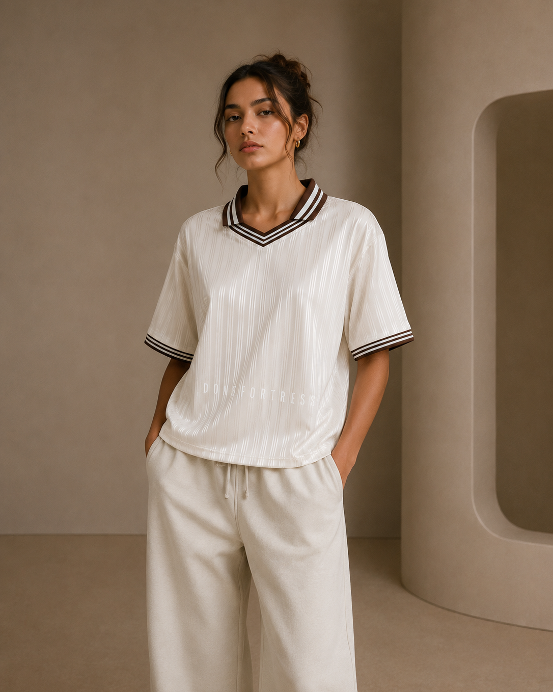 Woman wearing a white outfit with black trim in a minimalistic setting