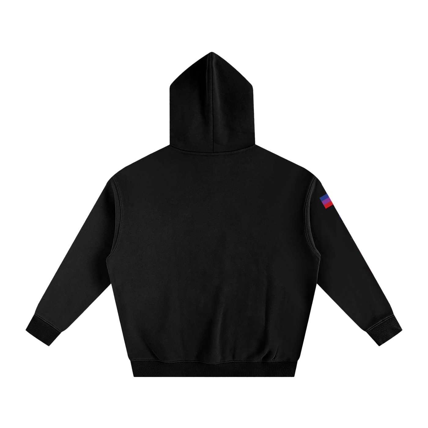 Black hoodie with a colourful patch on the sleeve against a white background