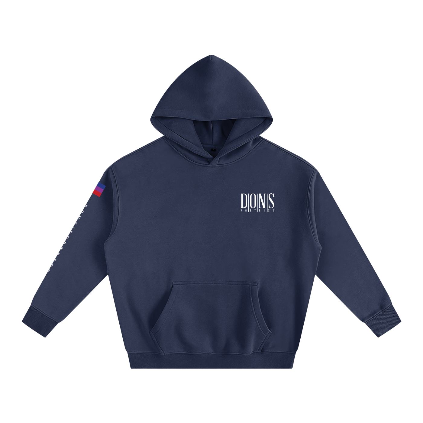 Navy blue hoodie with brand logo on a white background