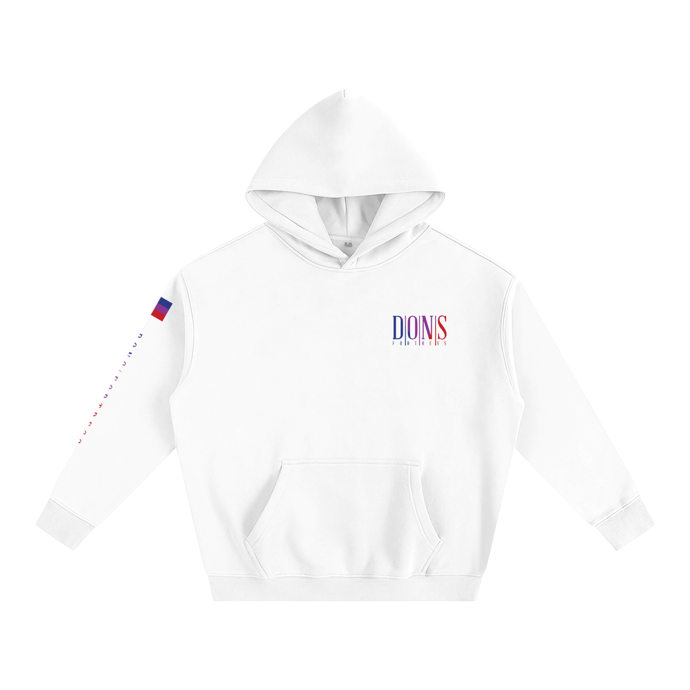 White hoodie with colourful branding on a white background