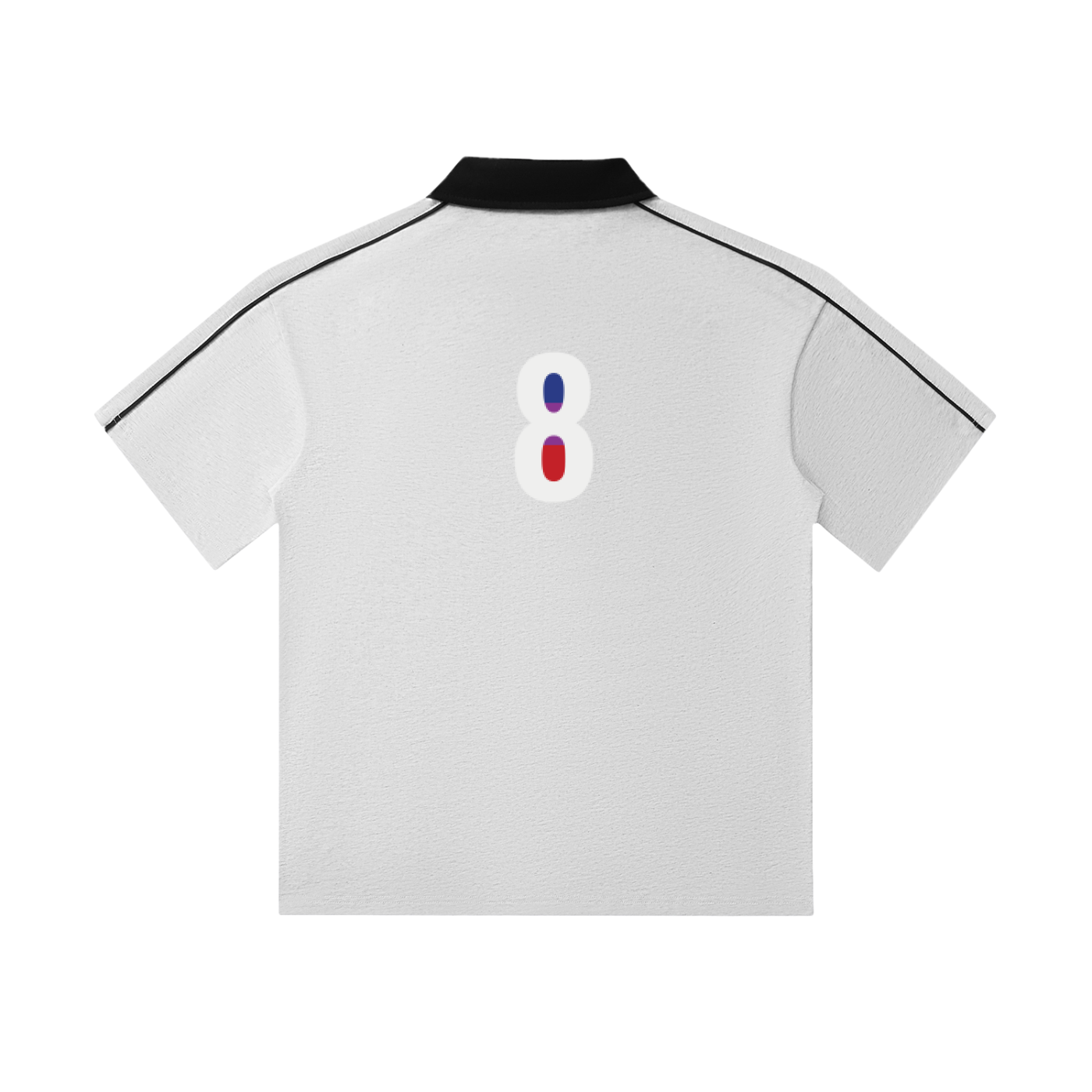 White polo shirt with black trim and a colorful number 8 logo on the chest.