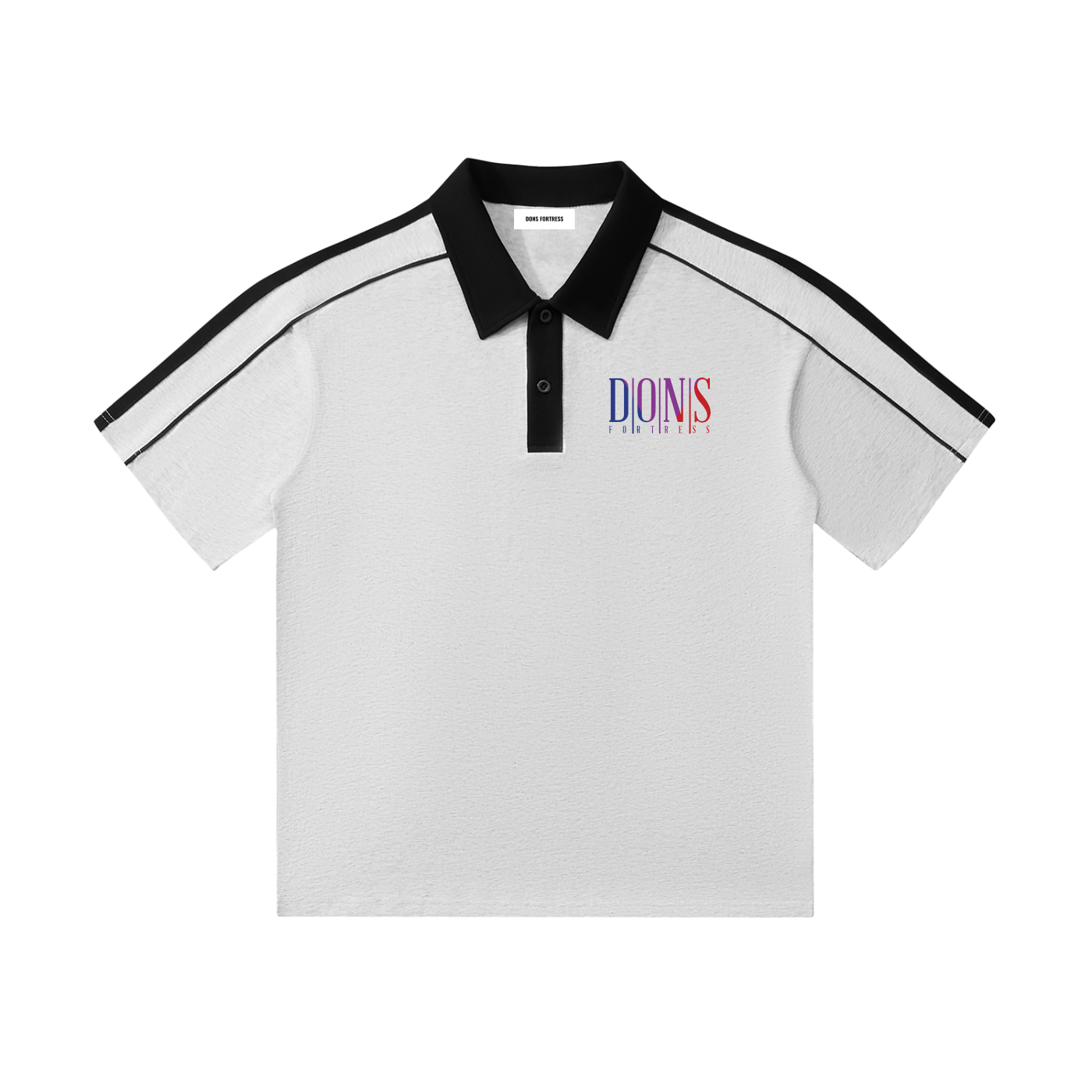 White polo shirt with black accents and colorful logo on a white background
