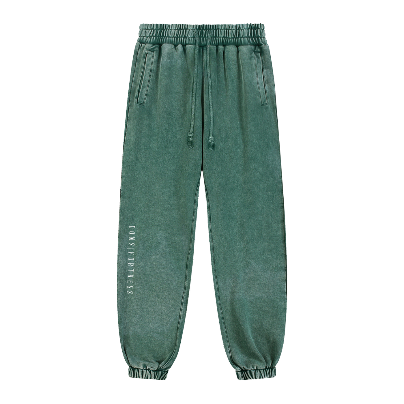 Green sweatpants with a brand logo on a white background