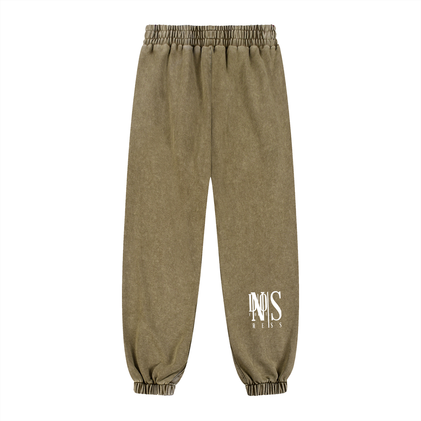 Khaki sweatpants with a logo on a white background