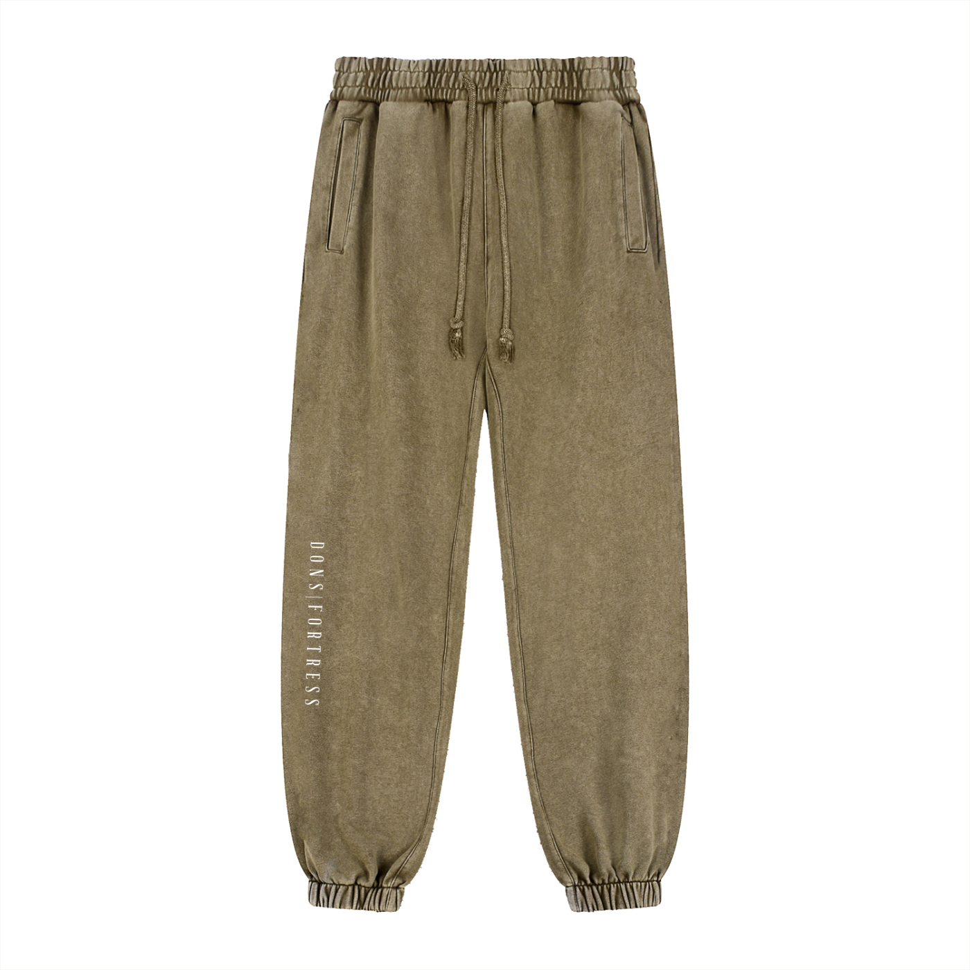 Khaki sweatpants with a brand logo on a white background