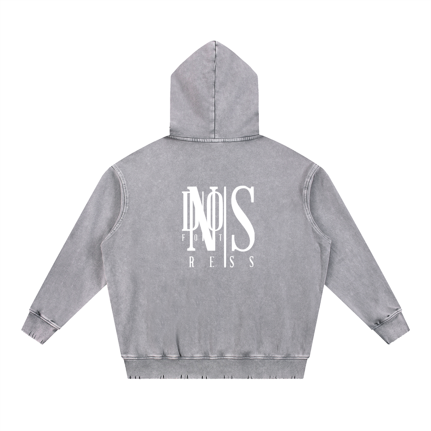 Gray hoodie with a logo on the back against a white background