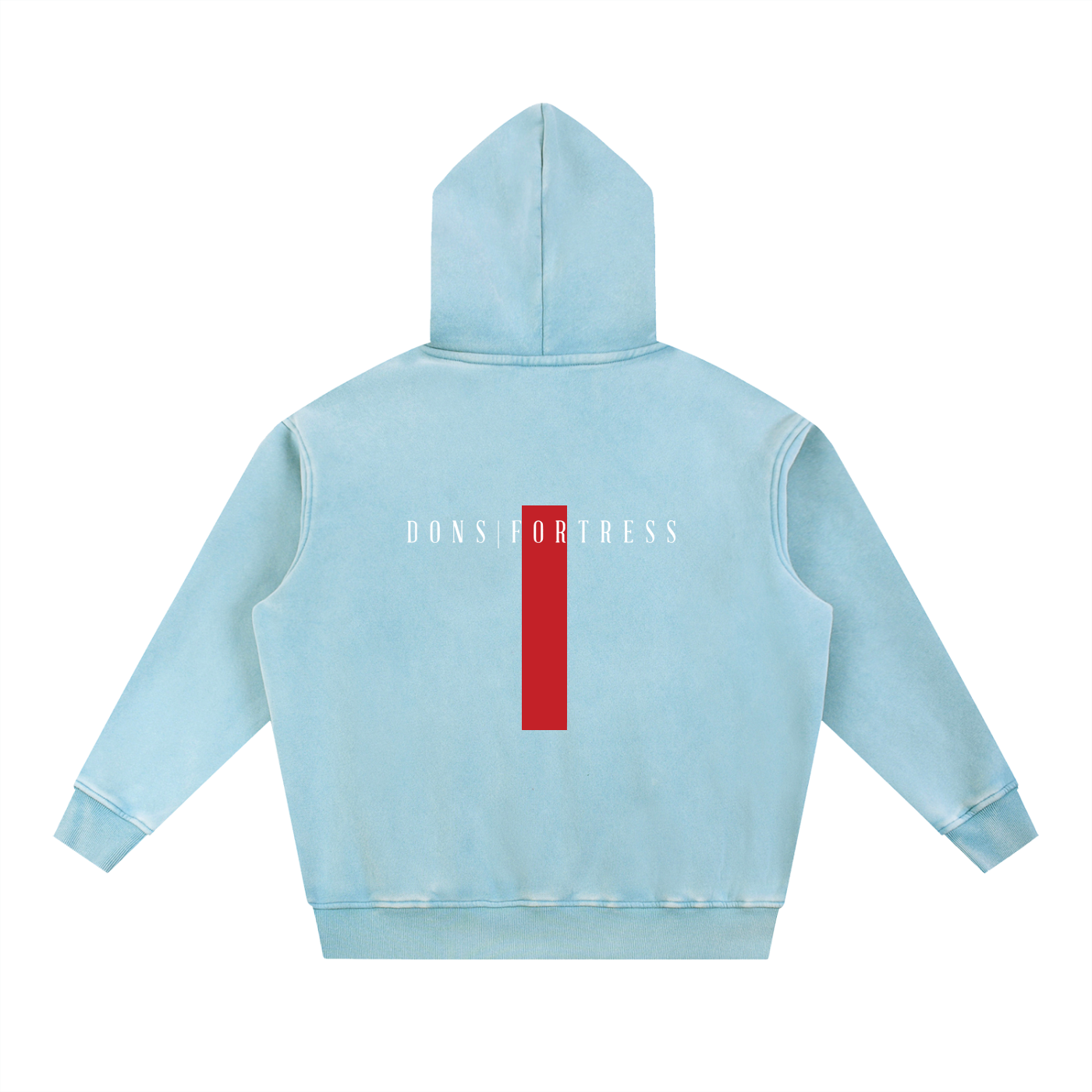 Light blue hoodie with a red and white logo on the back against a white background