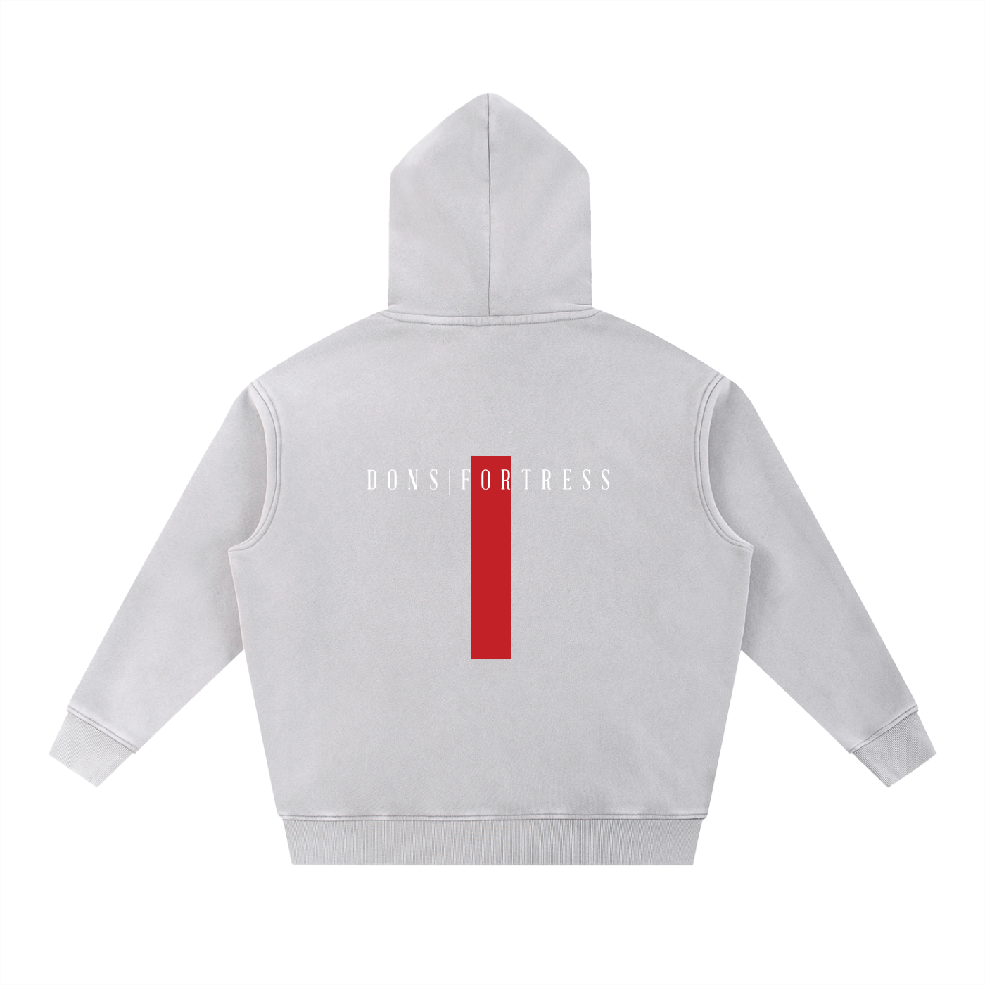 Gray hoodie with a red and white logo on the back against a white background