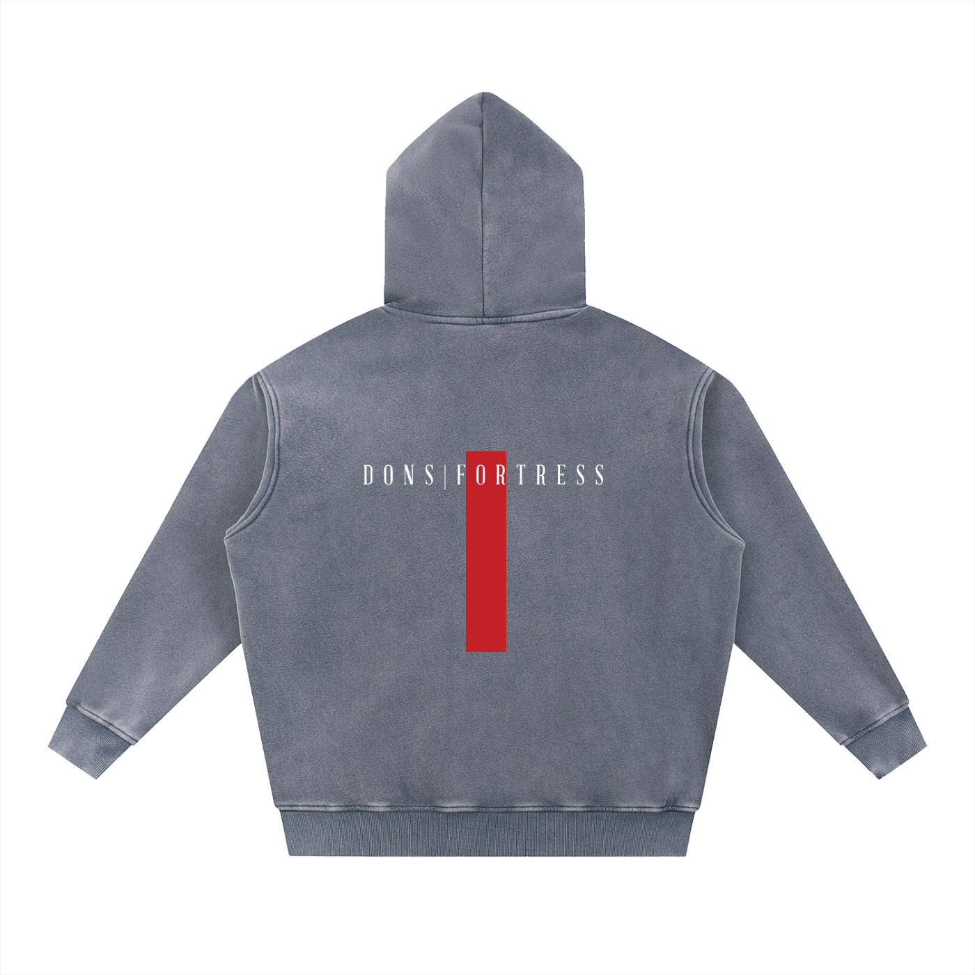 Gray hoodie with 'Donsfortress' logo on the back against a white background
