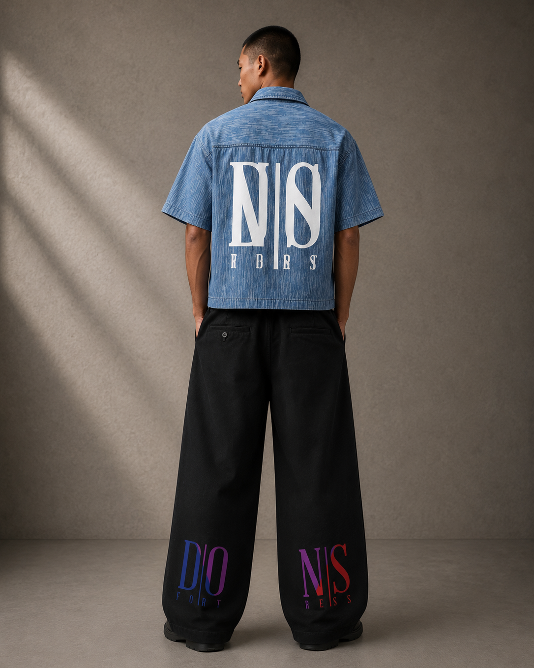 Person wearing a denim shirt with logo and black pants with branding on a gray background