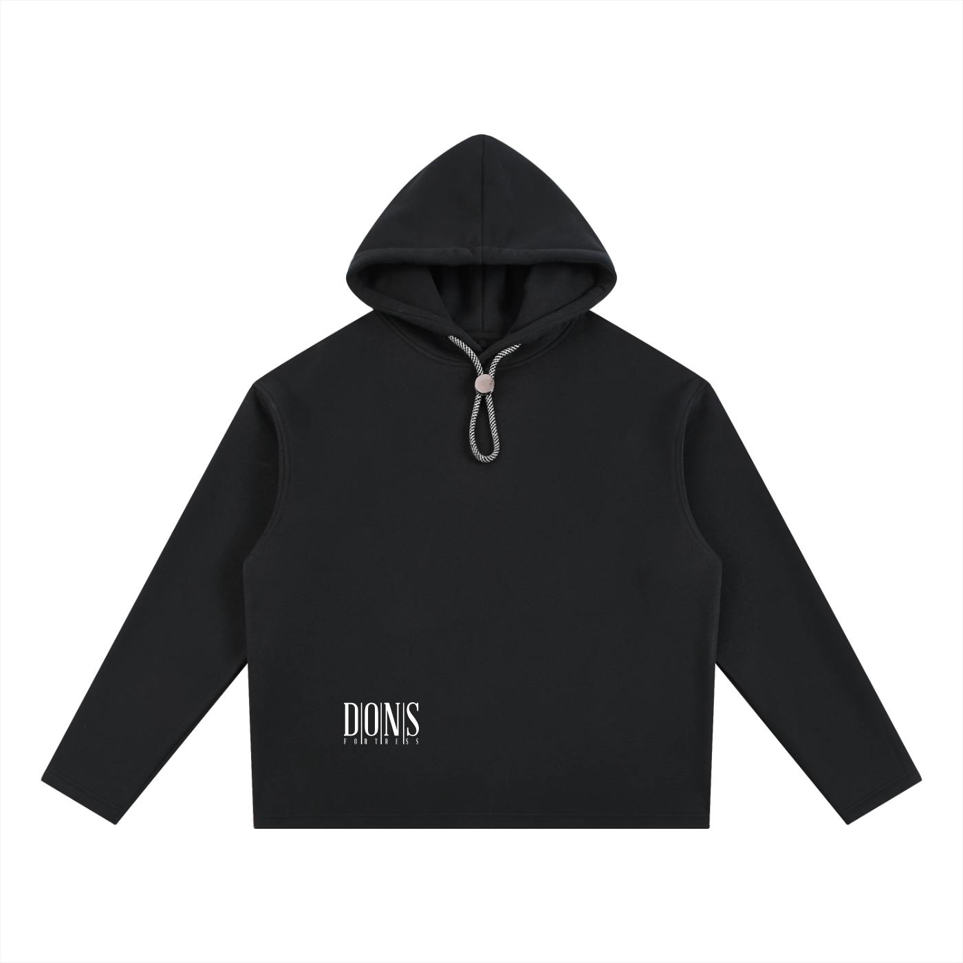 Black hoodie with a brand logo on a white background