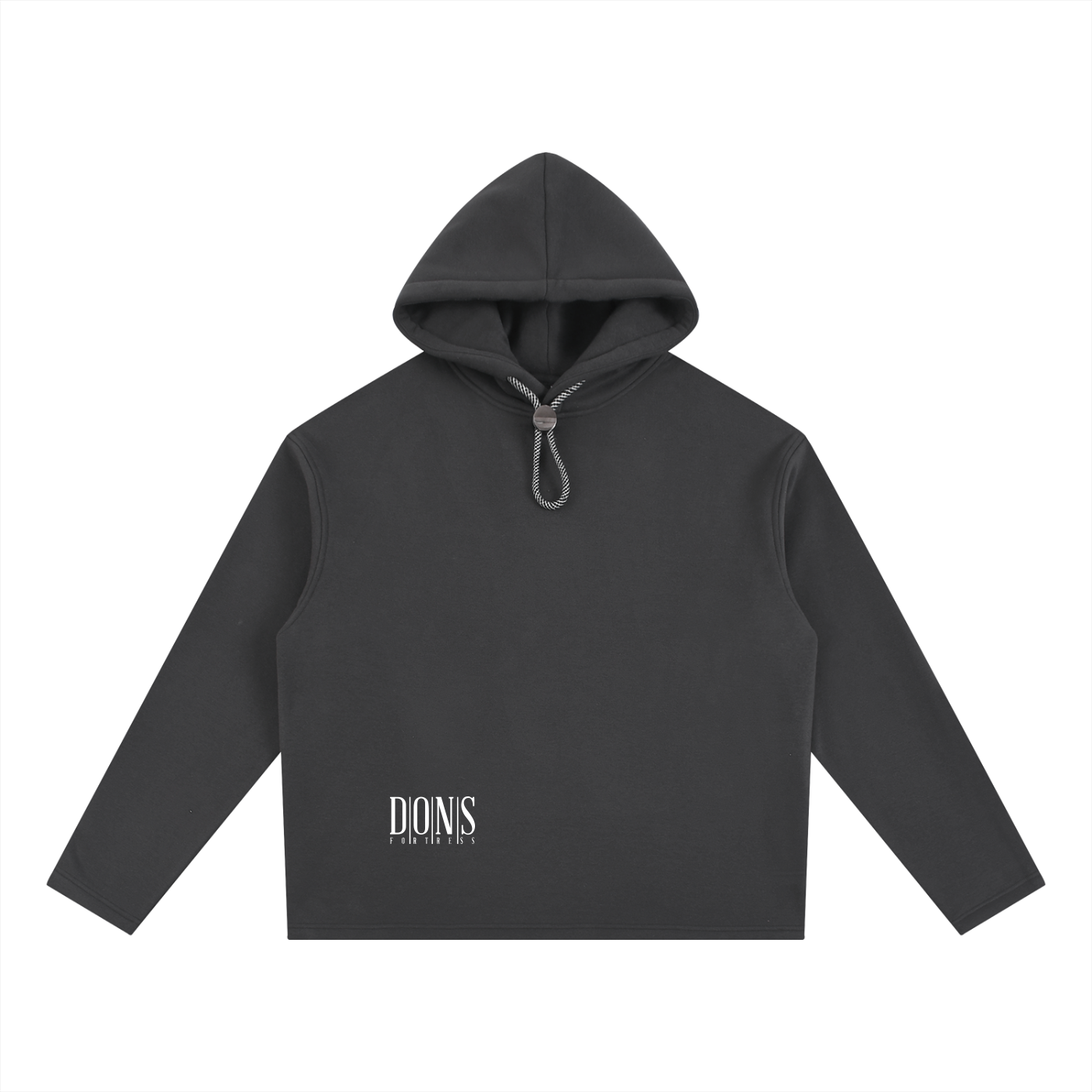 Black hoodie with a brand logo on a white background