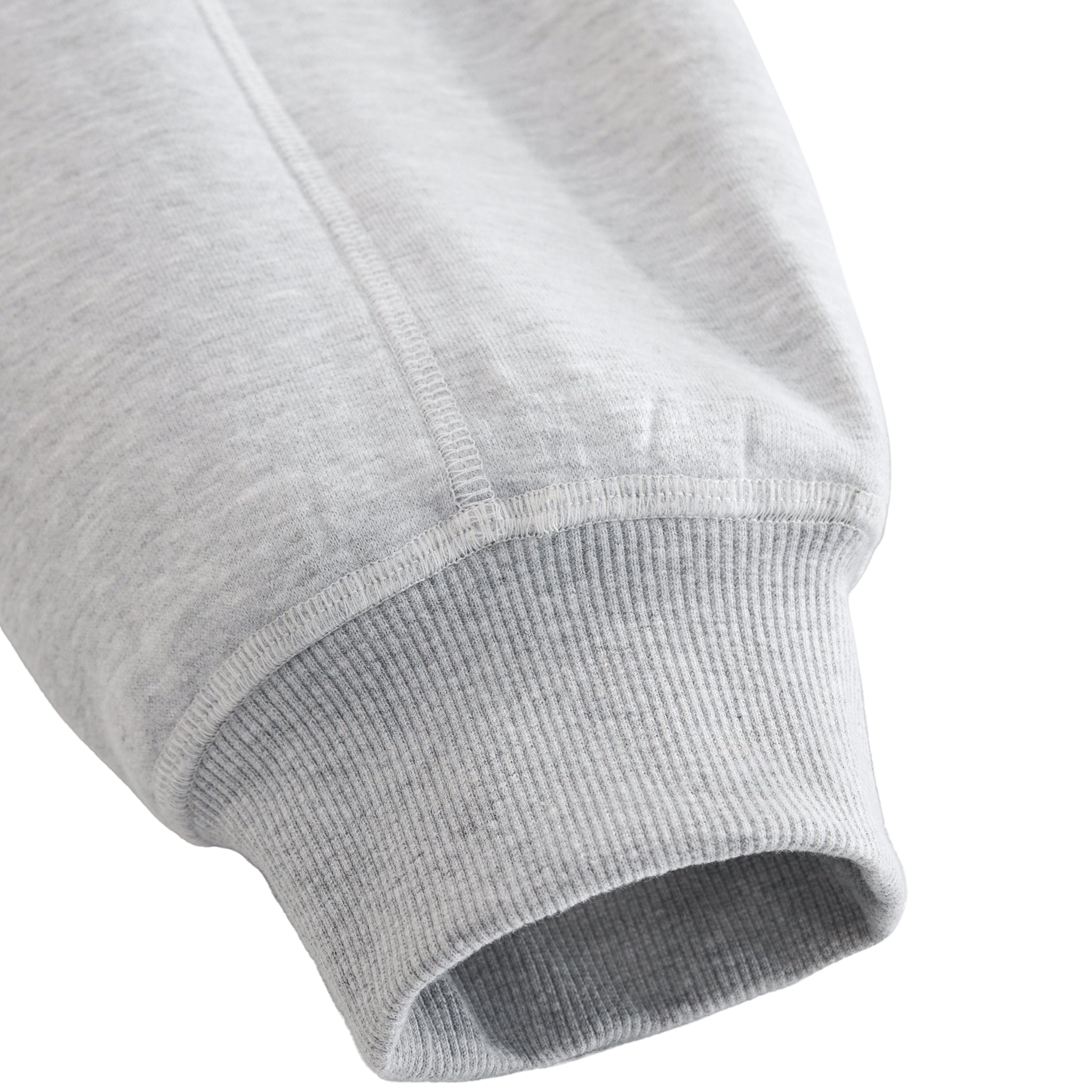 Close-up of a gray sweatshirt sleeve on a white background