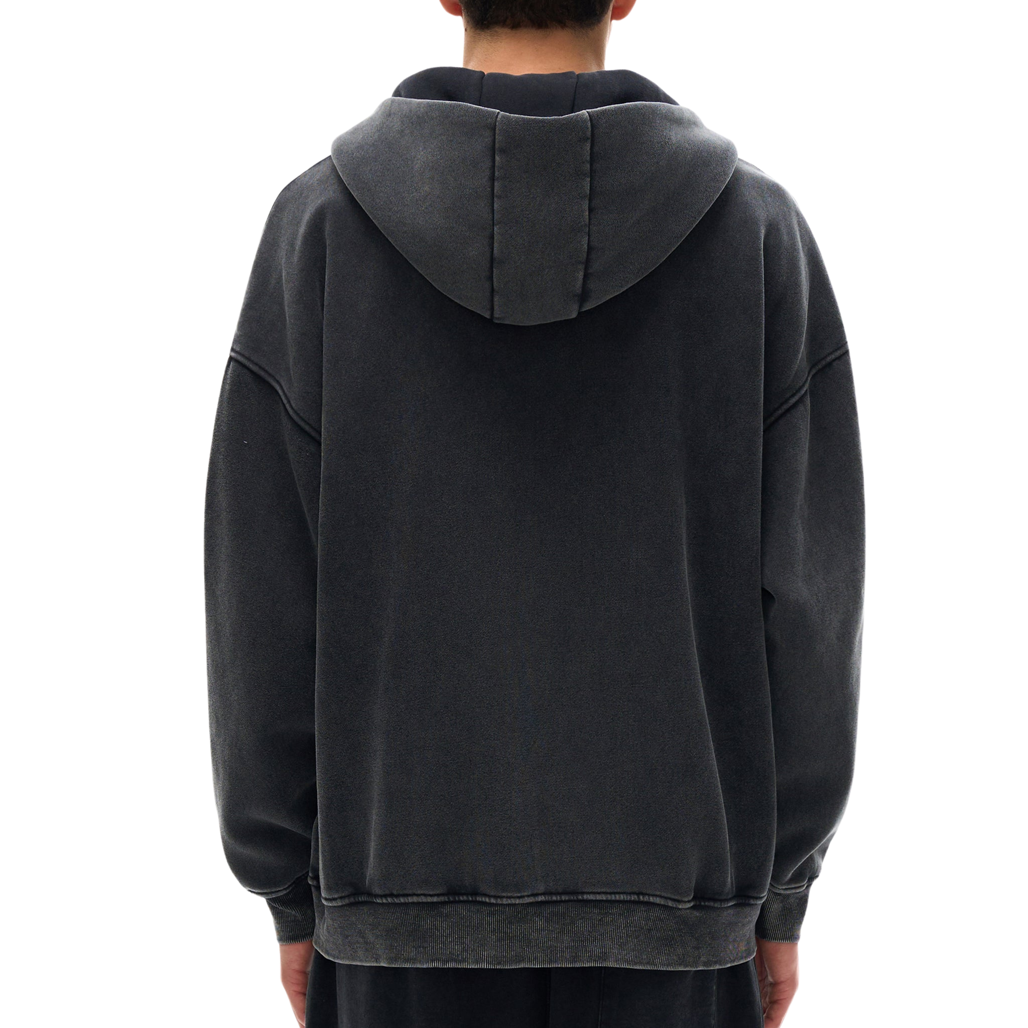 Person wearing a dark gray hoodie from behind on a white background