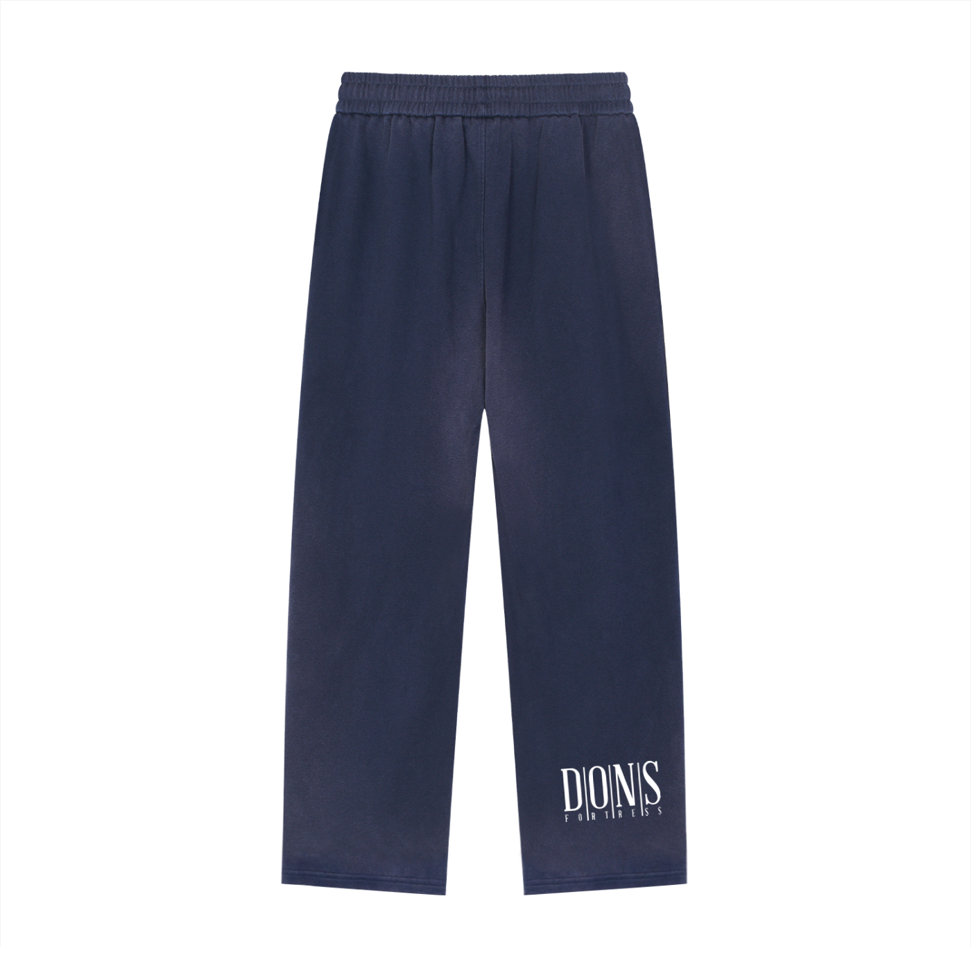 Navy blue pants with a brand logo on a white background