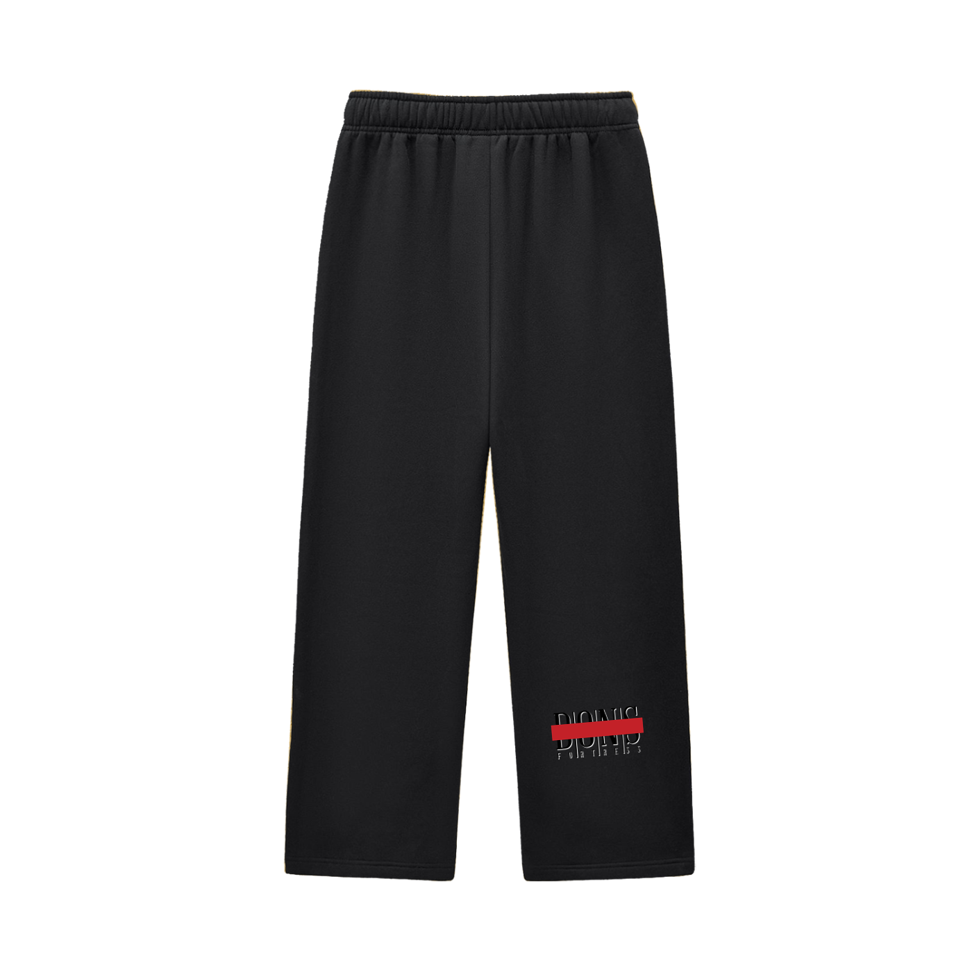 Black pants with a red and white logo on a white background