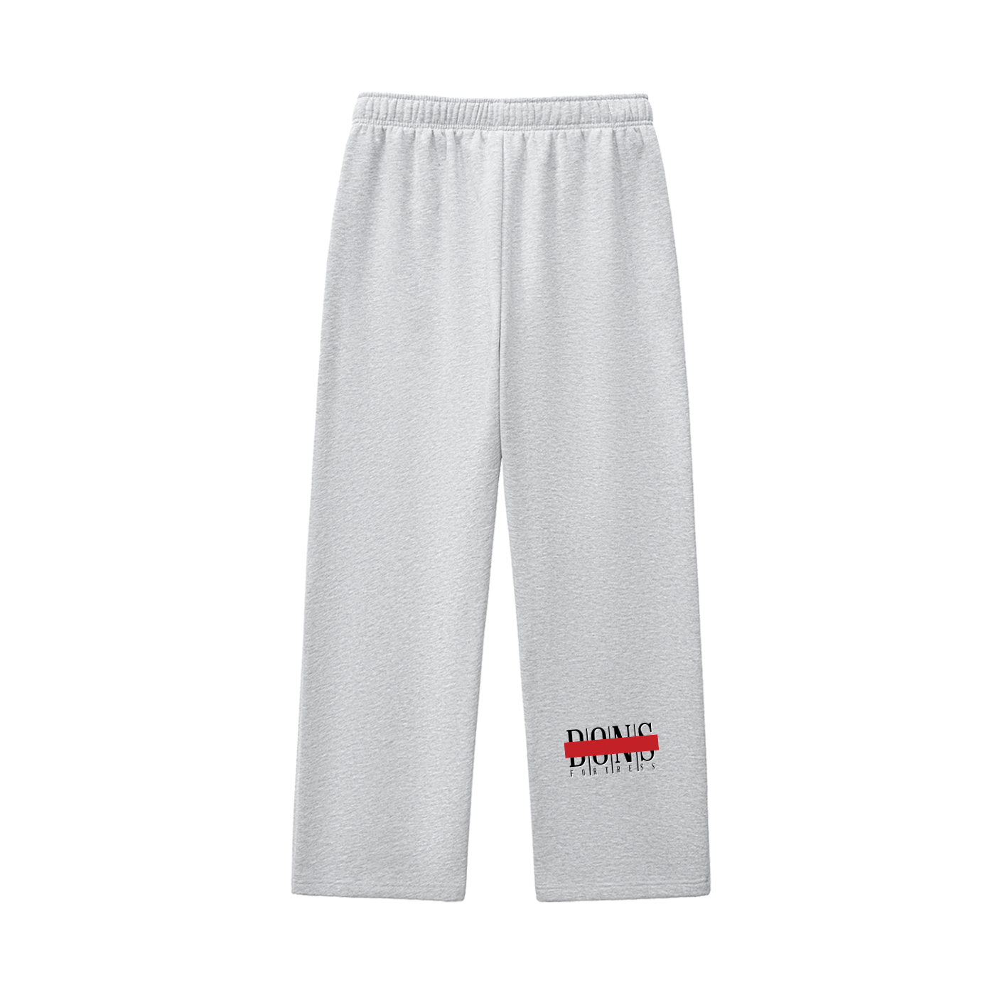 Gray sweatpants with a red and black logo on a white background
